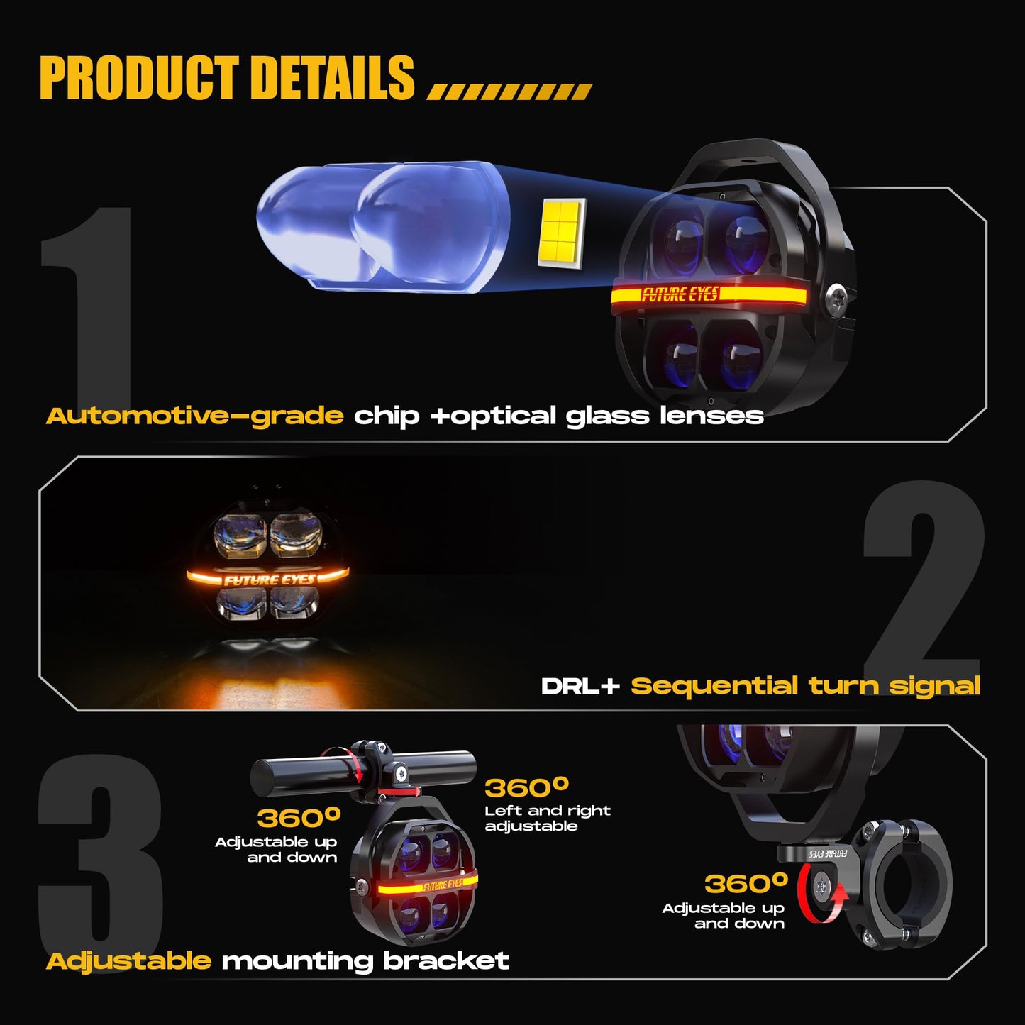 Future Eyes Motorcycle Driving Lights – 180W LED Fog Lights with Amber & White Beams, Waterproof Auxiliary Spotlights with DRL, Strobe, Signal, for Night Riding Off-Road UTV ATV