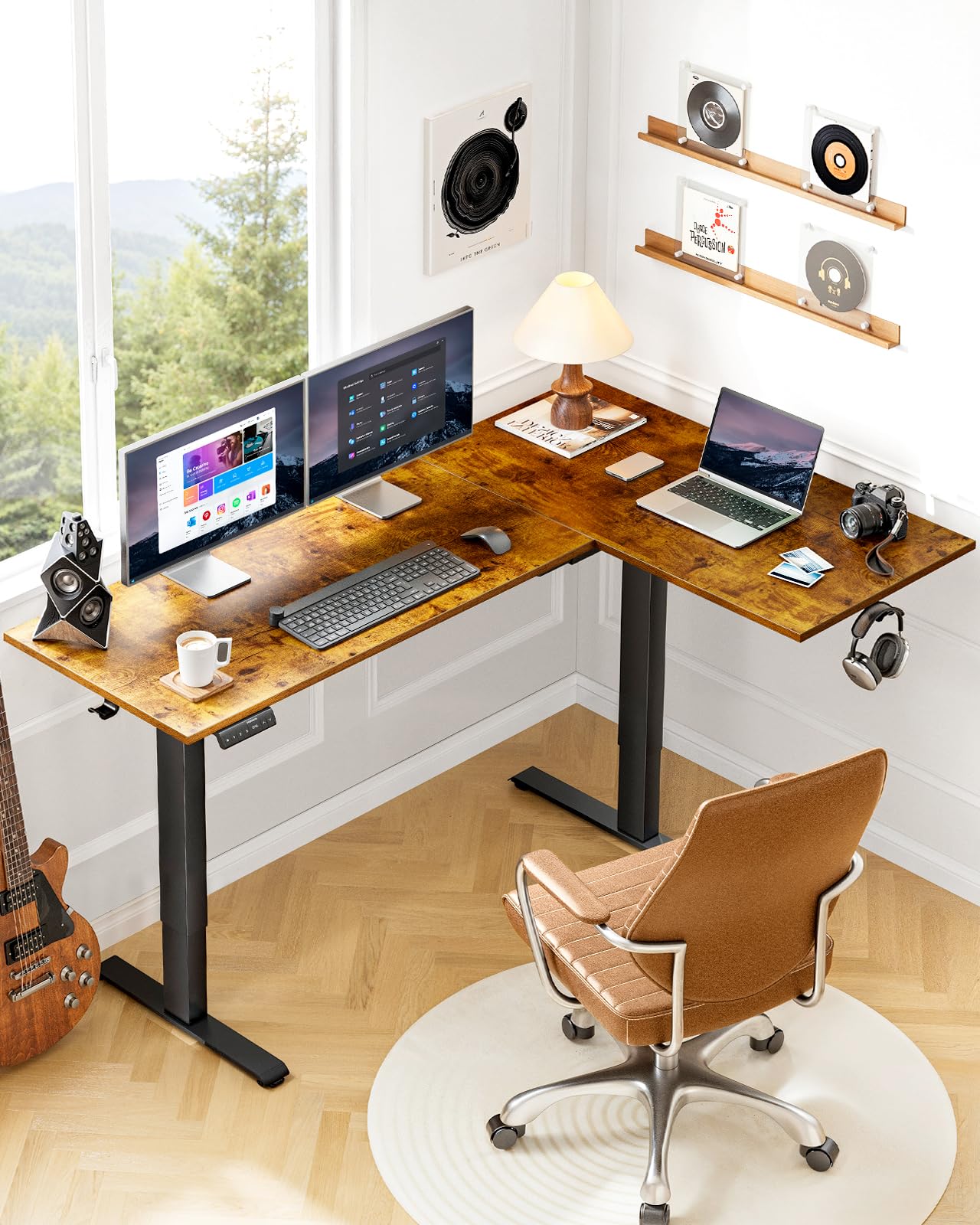 HUANUO 63x40 inch Dual Motor L Shaped Electric Standing Desk with 3 Preset Heights, Electric Height Adjustable Computer Table, 2 Hooks & Cable Tray, Raising Desk for Home Office, Vintage Brown