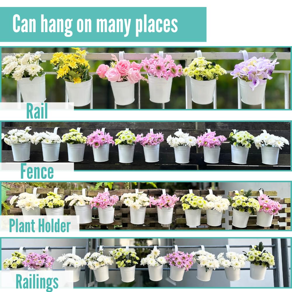 LaLaGreen Rail Planter (6 Inch, 12 Pack) White Large Metal Hanging Flower Railing Fence Balcony Gardening for Apartment Patio Planters Outdoor Deck Decoration Modern Garden Iron Porch Decor Pots