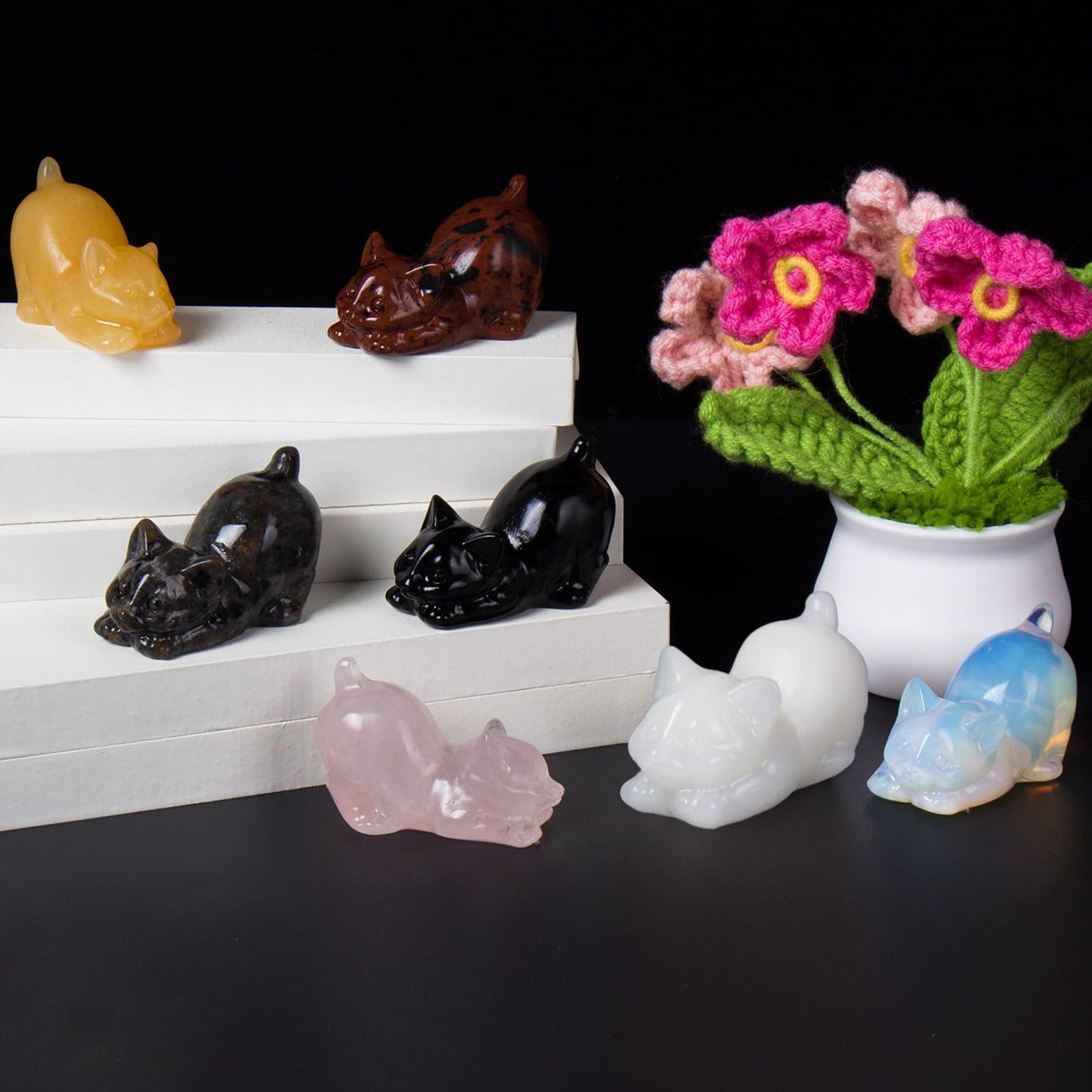 2 Inch White Opalite Cat Crystal Figurines, White Kitten Statues for Kitten Lovers and Collectibles, Cat Decor Fingurines for Home Desk Office, Carved Healing Crystal Reiki Animal Gifts for Women