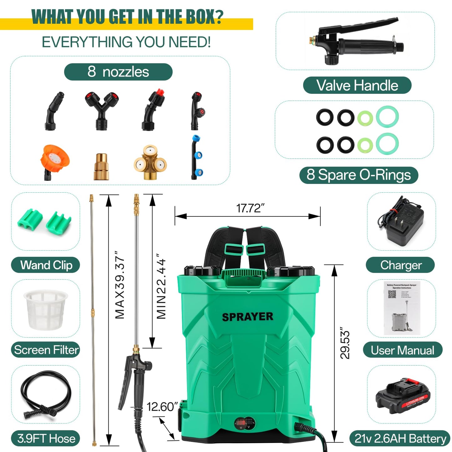 5.3 Gallon Battery Powered Backpack Sprayer, 21V 100PSI Electric Garden Sprayer with Upgraded Stainless Steel Wand, 8 Pro Nozzles & Padded Straps, Heavy-Duty Weed Sprayer for Lawn, Yard & Farm