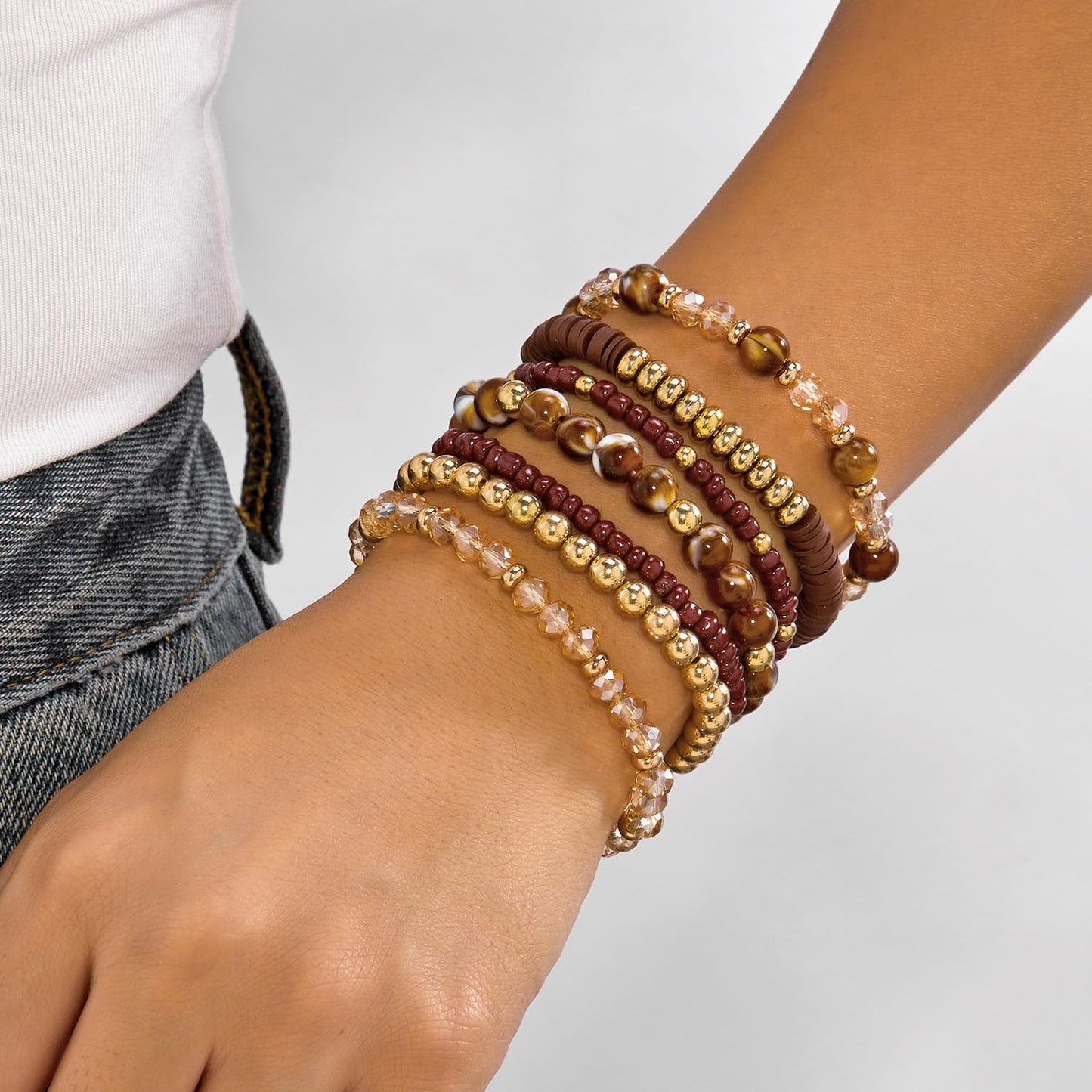 YEOSMINE Boho Heishi Clay Beaded Stretch Bracelets Stack For Women, Preppy Teens Friendship Gold Bracelets Cute Beach Surfer Accessories Bulk Set Trendy Fashion Jewelry