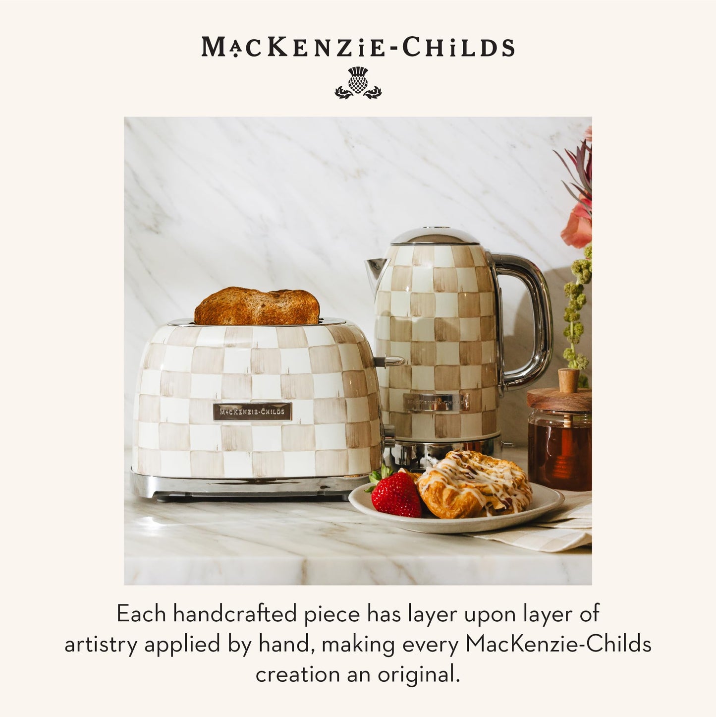 MACKENZIE-CHILDS Electric Kettle, Stainless-Steel Tea Kettle, Brown-and-White Mocha Check