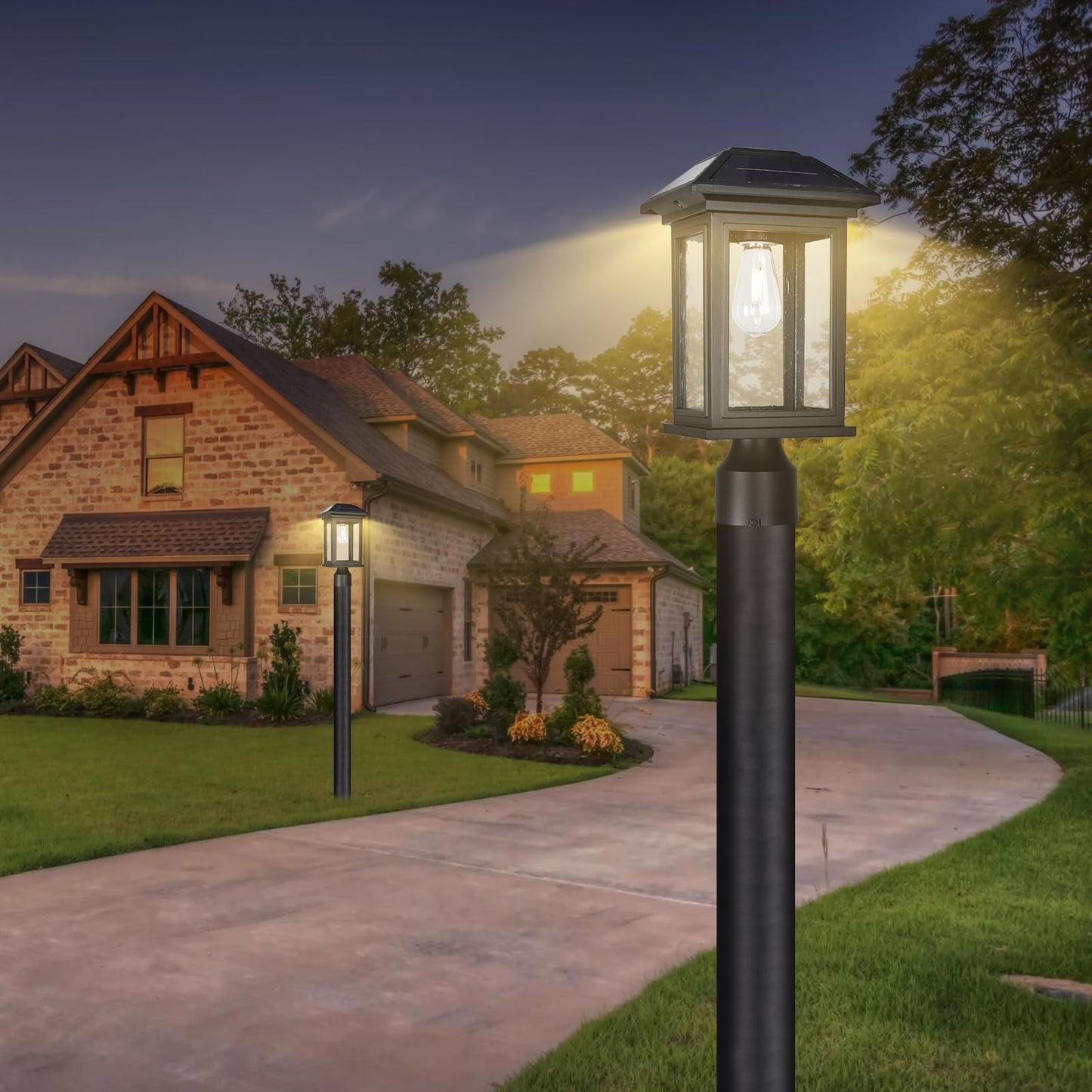 Rosient Solar Post Lights Outdoor, Waterproof Anti-Rust Black Pole Light Fixtures with Clear Glass, LED Solar Powered Lamp for Garden, Front Yard, Porch, Garage, and Patio (Bulb Included)