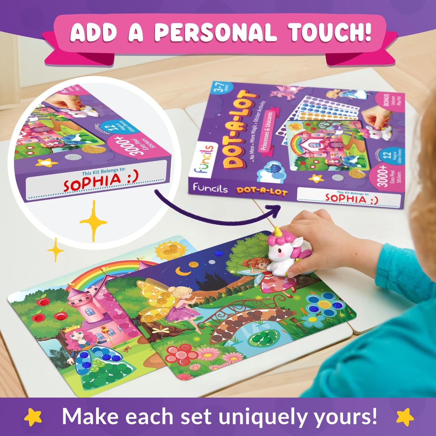 Funcils Dot Art Activity - Unicorn & Princess Sticker Kit, Toddler Art & Craft Supplies for Kids, Birthday Gifts for Boys & Girls Ages 3, 4, 5, 6, 7 Year Old - Kids Travel Toys, Airplane Must Have