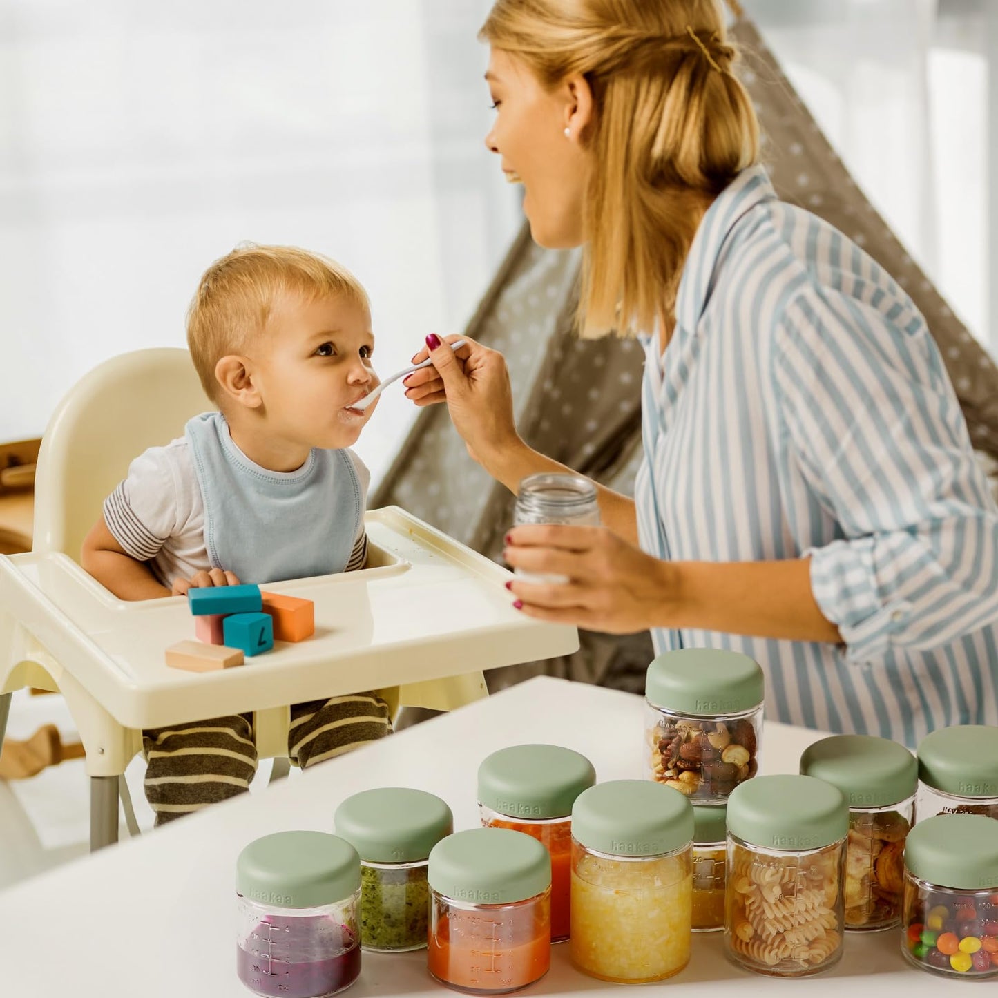 haakaa Baby Food Storage Containers Set,100% Leak-Proof Glass Baby Food Jars with Silicone Lids, Fridge βFreezer & Microwave Safe,4 PCS 7 oz,Pea Green