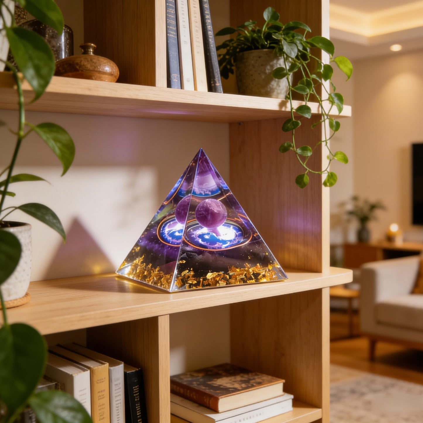 Crystal Column Orgonite Pyramid, Positive Energy Obsidian&Lapis Lazuli Orgone Crystal Healing Pyramid, for Reduce Stress, Balance Chakra, Meditation, Attract Luck, Accumulate Wealth&Health (Purple)