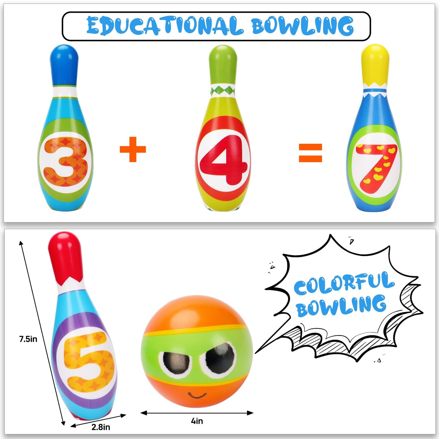 Kids Bowling Set 2-5 Toddler Indoor Bowling Game Outdoor Toy Gift for 1 2 3 4 Year Old Boys Girls Soft 10 Colorful Foam Bowling Pins 2 Bowling Ball Developmental Toddler Age 2-4 3-5 Easter Present