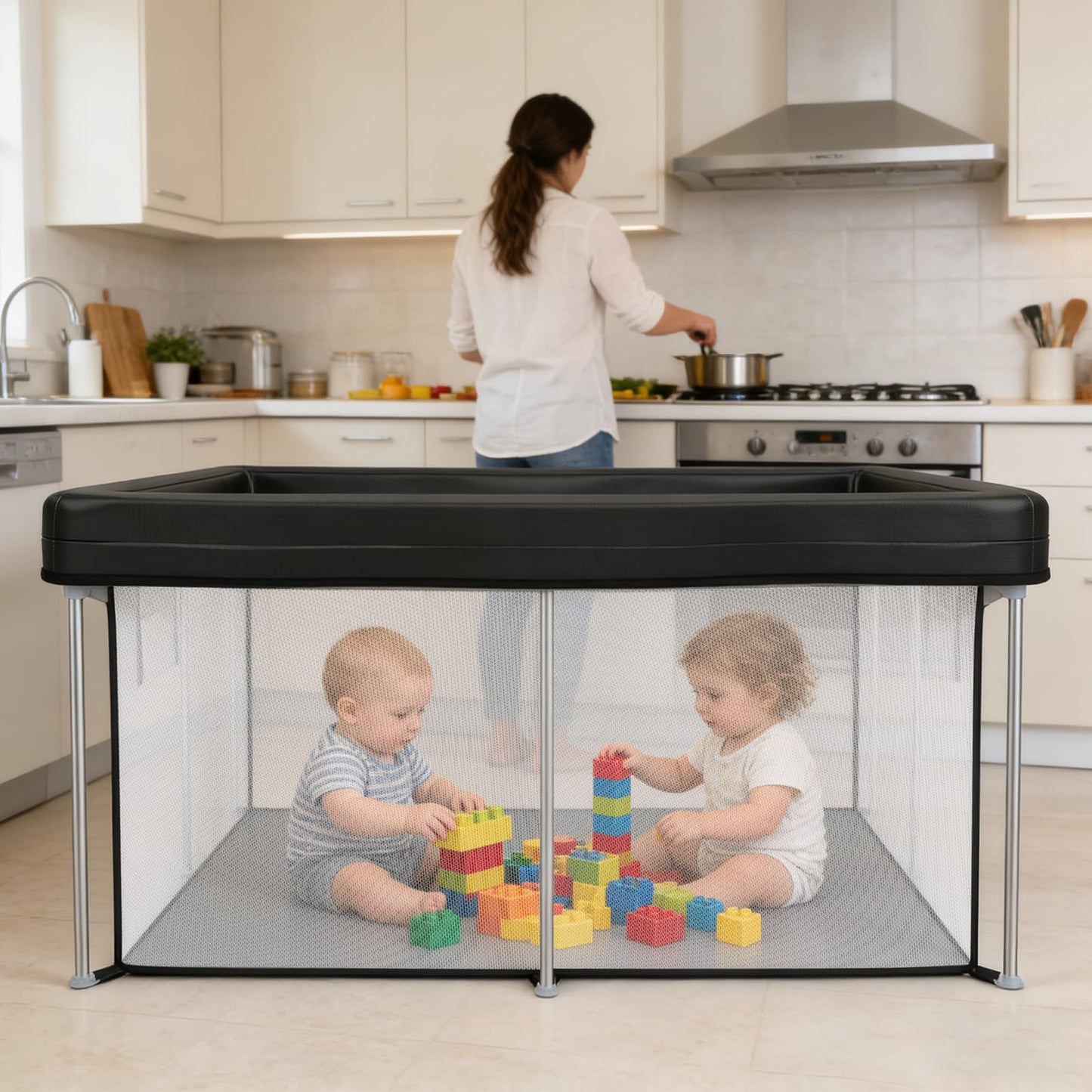 Desque Foldable Baby Playpen with Mat, 50"×50" Collapsible Play Yard for Babies and Toddlers, No Assembly Required, Kids Safety Play Area with 4 Handles, 50 Balls and Visible Mesh, Black