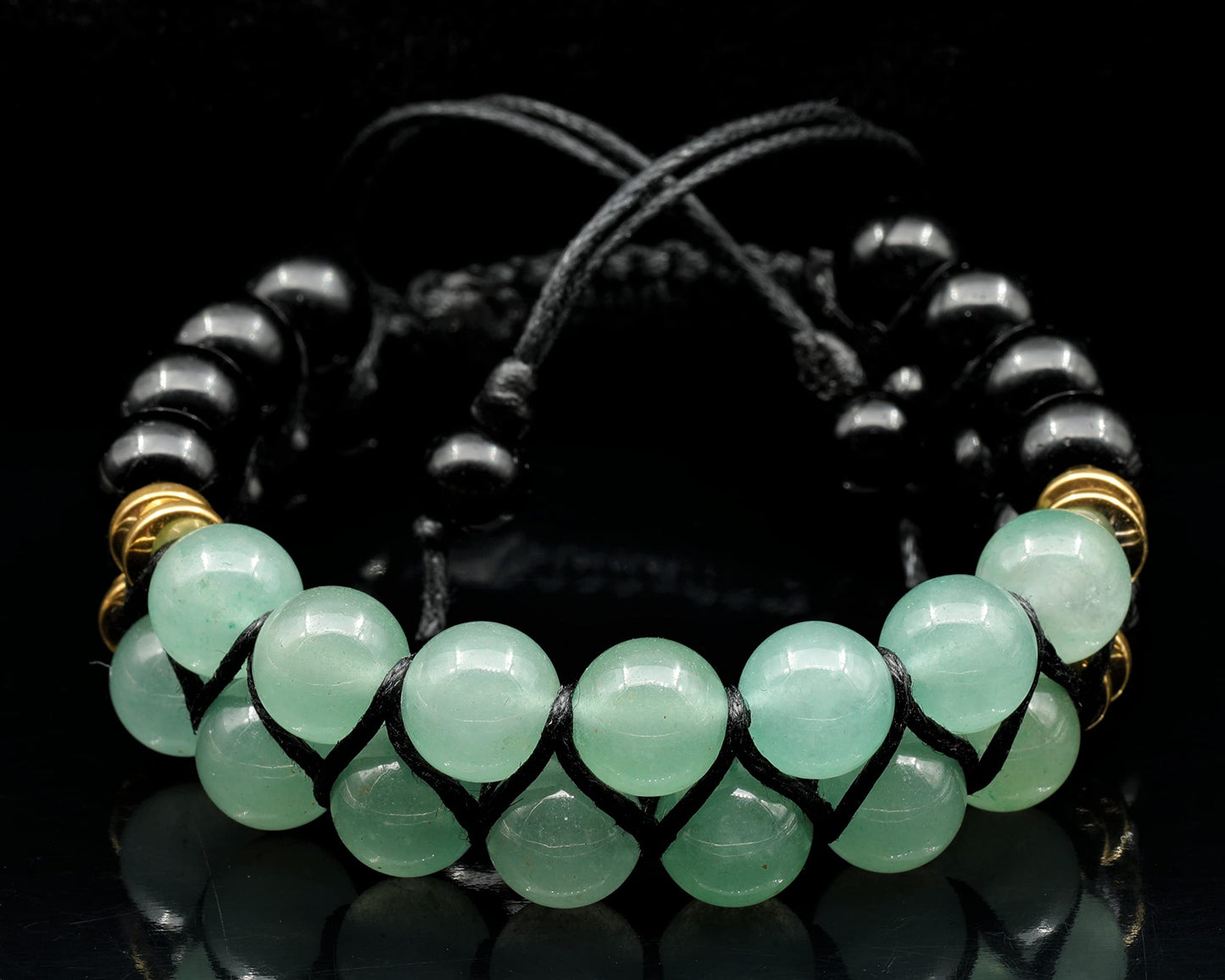 Natural Green Aventurine Double Row Bracelet for Men & Women | Handmade 8mm Green Aventurine Black Onyx Macrame Bead Bracelet | Adjustable Waxed Cord | Libra Zodiac Chakra Jewelry Gift