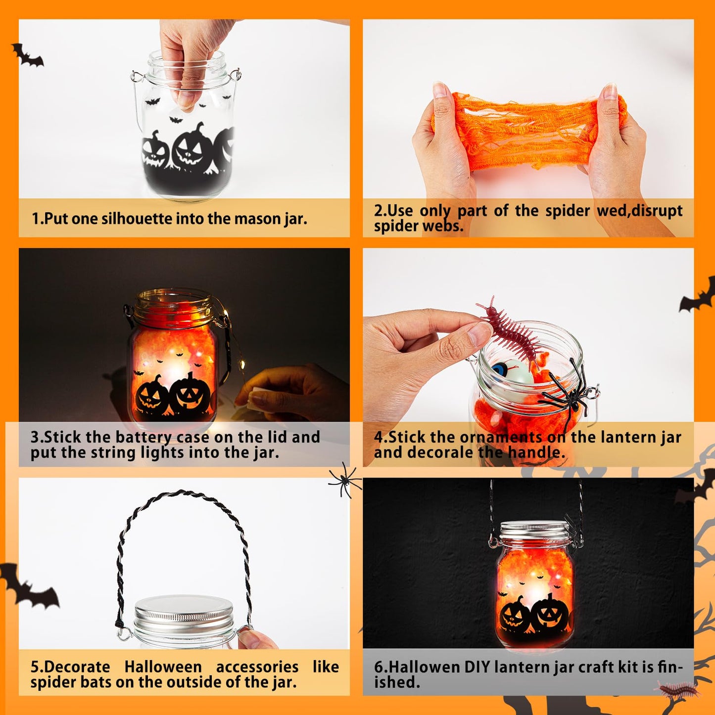 Shemira Halloween Craft Kit for Kids,8 pcs Glass Mason Jar with Accessories for DIY Lantern Jar, Halloween Art & Craft Party Supplies, Halloween Art Activities, Crafts and Arts Party Supplies