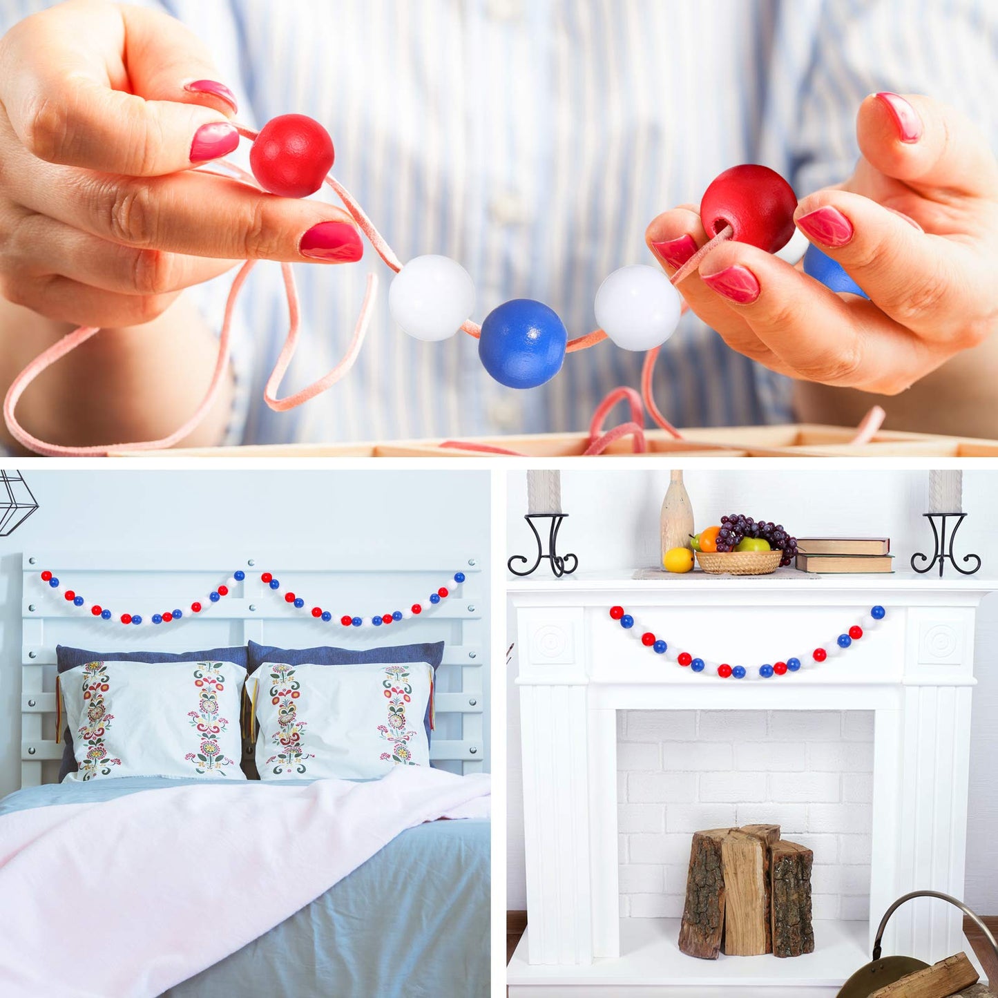 WILLBOND 120 Pieces Patriotic Wooden Bead Red White Blue Beads Independence Day 4th of July Loose Craft Beads for DIY Jewelry Garland 250th Anniversary Home Decoration(16 mm,Simple Pattern)