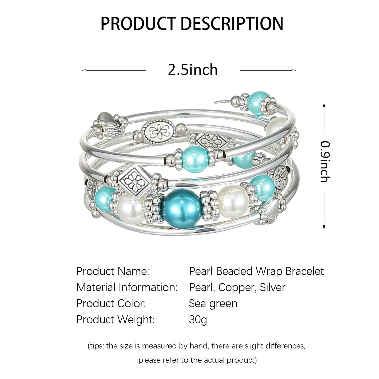 FULU AUTUMN Beaded Pearl Bangle Bracelets for Women Silver Wrap Bangles Bracelet Womens Costume Jewelry Fashion Gift(18-Sea green)