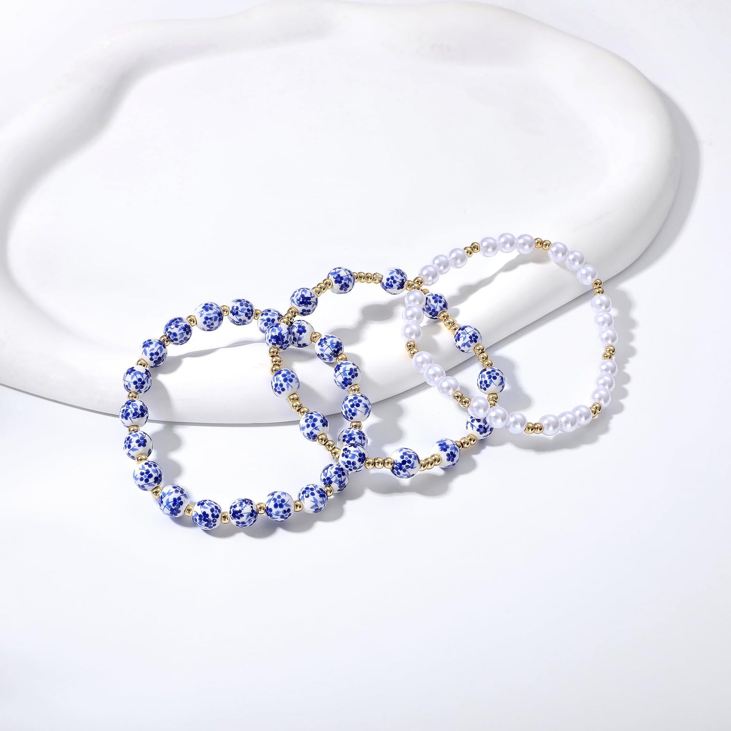 Dainty Pearl Beads Bracelet for Women Blue And White Vintage Ceramics Flower Bracelet Handmade Stretch Cute Beaded Romantic stackable Jewelry Gifts