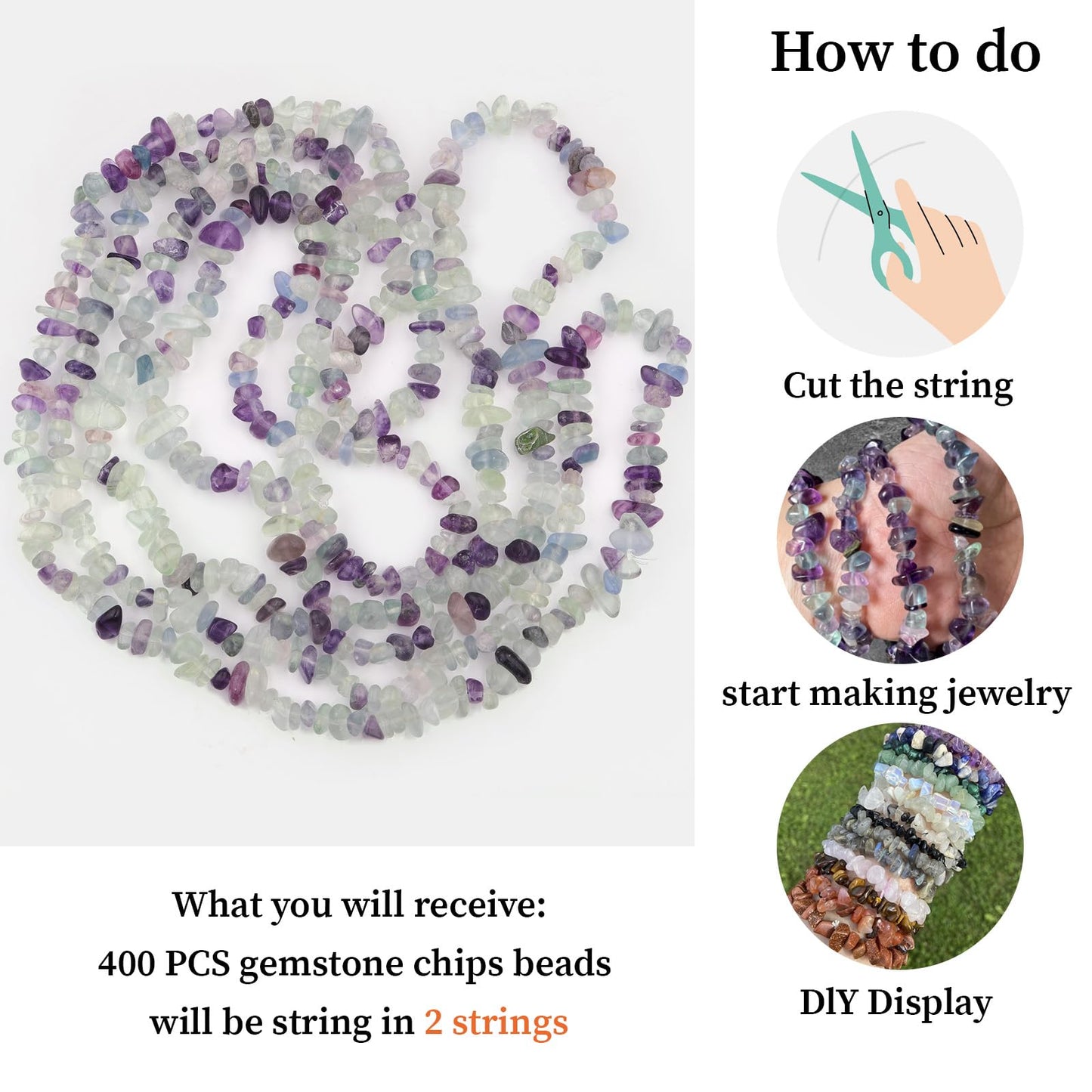 400pcs Natural Chip Stone Beads for Jewelry Making Fluorite 5-8mm Irregular Gemstones Healing Crystal Loose Rocks Bead Hole Drilled for Ring Earrings Necklace Bracelet Making DIY Art Crafts