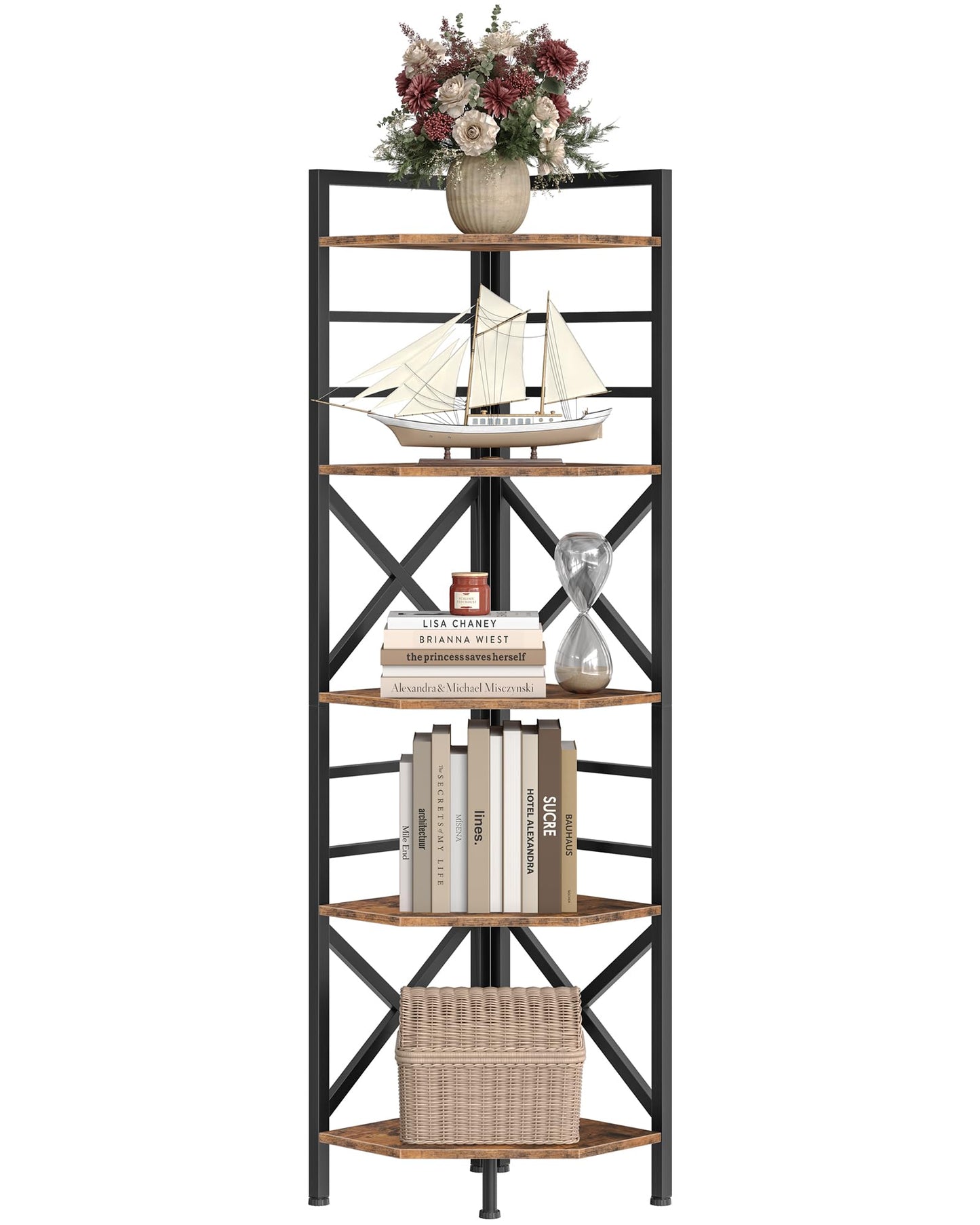 CHOEZON 69.3" Corner Shelf 5-Tier, Large Corner Shelving, Freestanding Storage Stand for Bedroom, Living Room, Kitchen, Industrial Engineered Wood Bookshelf Organizer, Rustic Brown and Black TCJ15BF