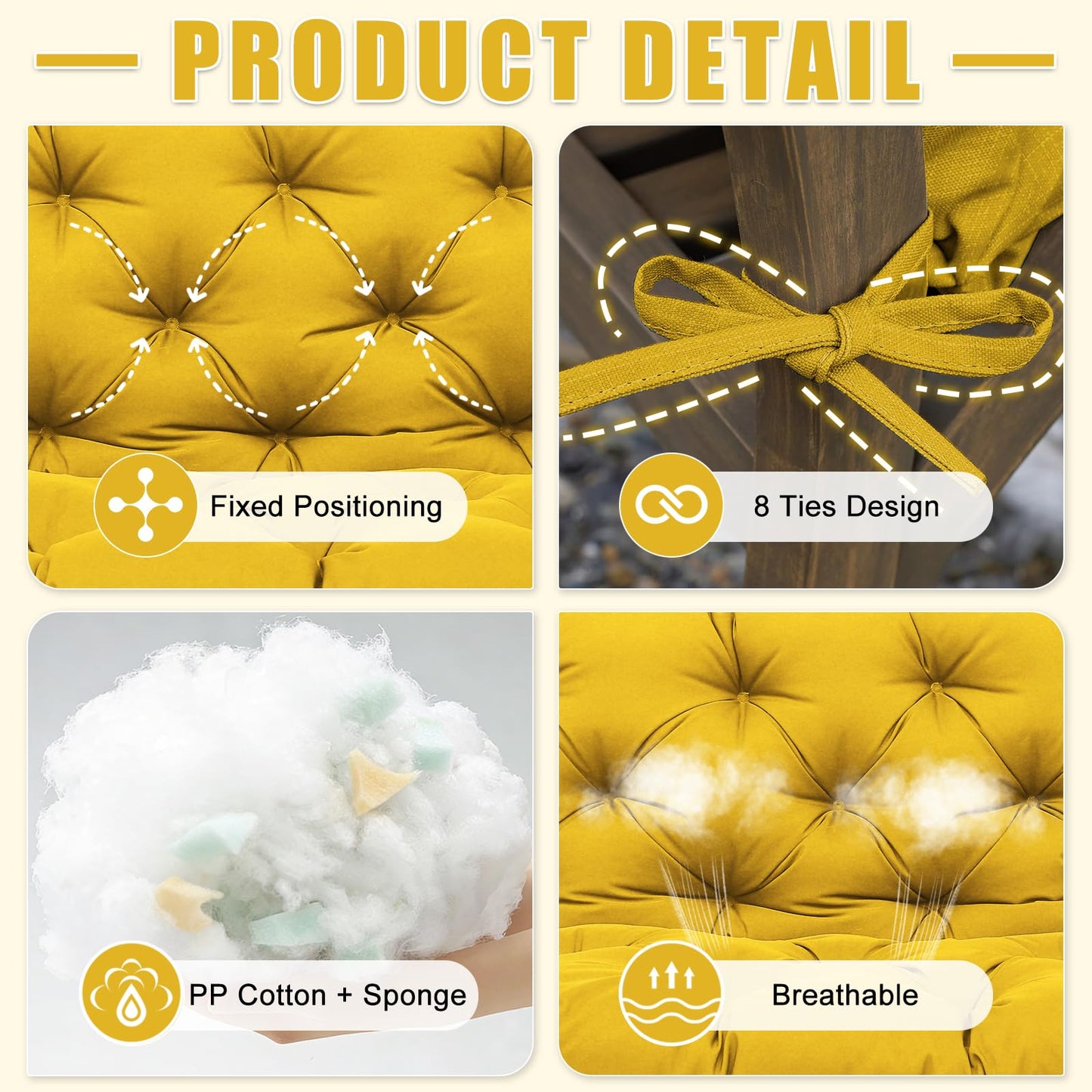 Mokoey Porch Swing Cushions 60 inch Bench Cushion Waterproof Outdoor Swing Cushions 3 Seater Thick 5in Replacement Swing Cushions for Outdoor Furniture Patio (Yellow-60x40 inch)