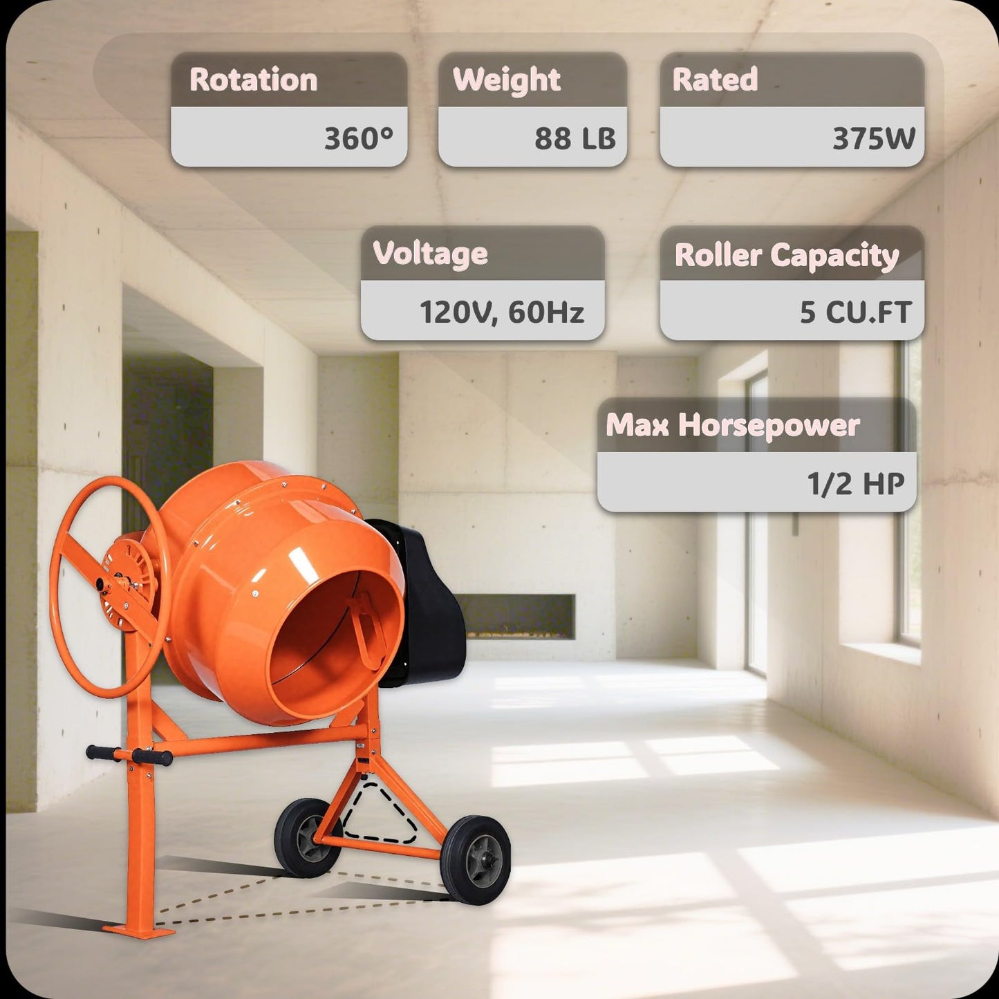 Harigal Electric Cement Mixer, 5.0 cubic Ft, Portable Concrete Mixer Machine, Wheelbarrow Cement Mixing Tools for Stucco