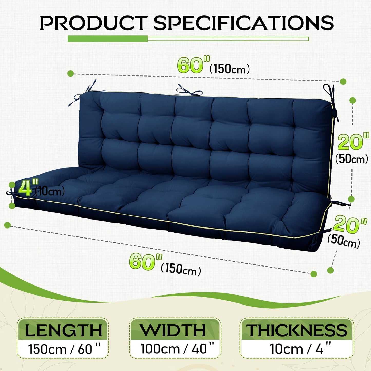 AS AWESLING 60×40 INCH Oxford Fabric Swing Cushions with Backrest & Tie Straps - Crushed Sponge Filled for Outdoor Patio Bench, 2-3 Seater Replacement for Swing Chair (Blue, 60 INCH × 40 INCH)