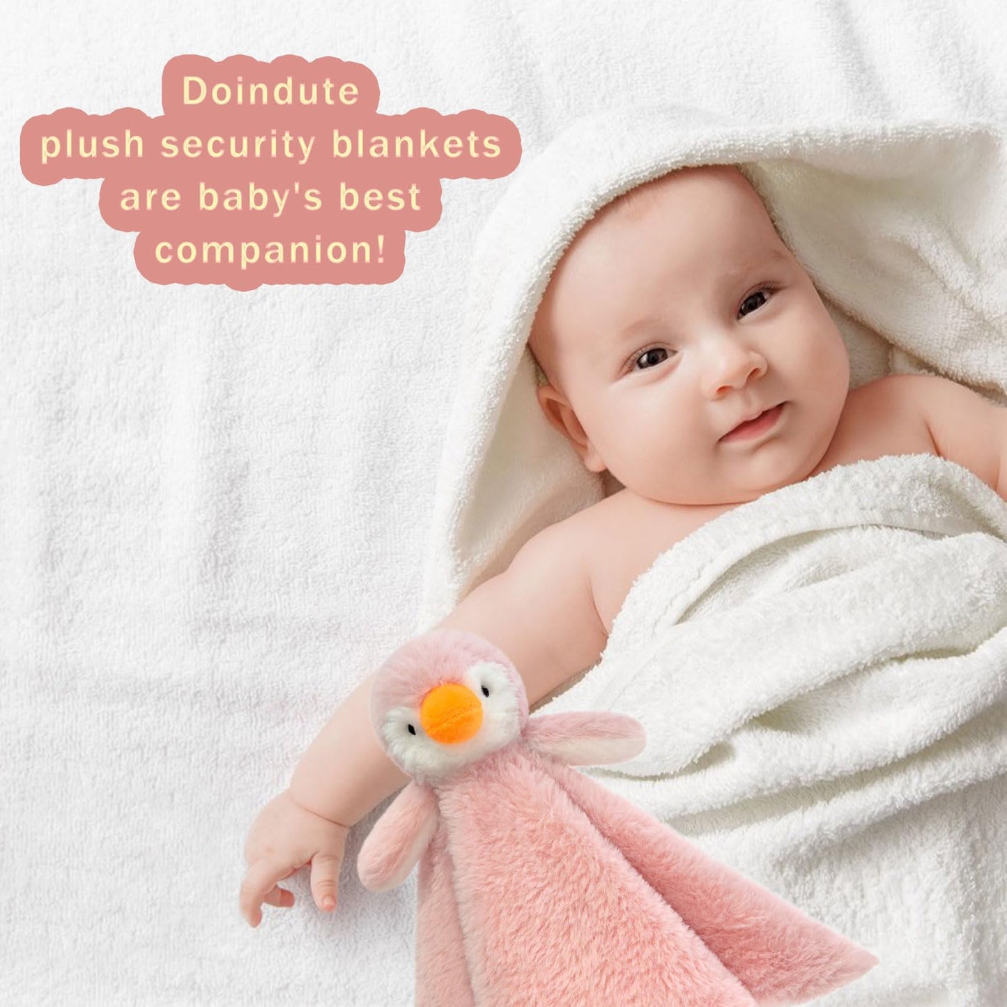 Doindute Baby Soft Pink Penguin Stuffed Animal Security Blanket, Plush Penguin Character Lovey Blanket, Baby Shower/Nursery Gift, Newborn Infant Toddler Snuggle Blankie for Girls Boys, 14 Inches