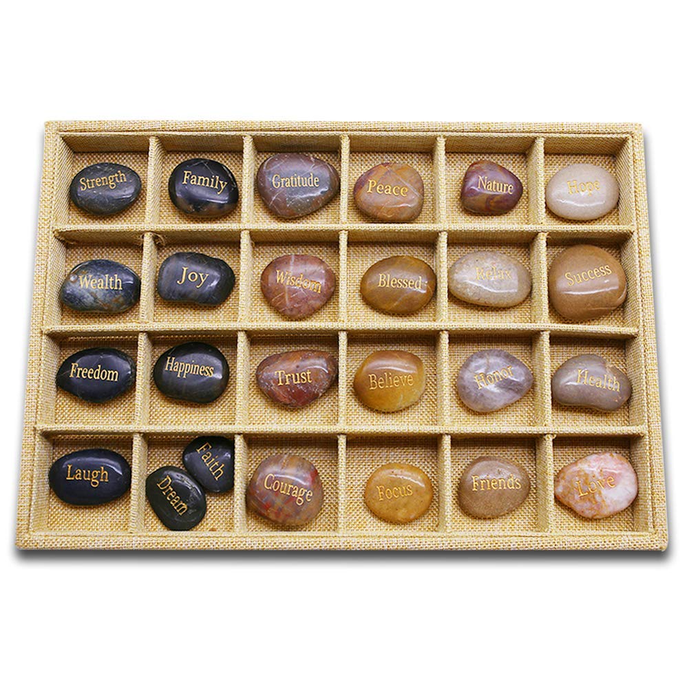 BigOtters 25PCS Inspirational Rocks - Encouragement Stones with Engraved Words for Meditation, Home Office Decor & Birthday, Gratitude Women Gifts