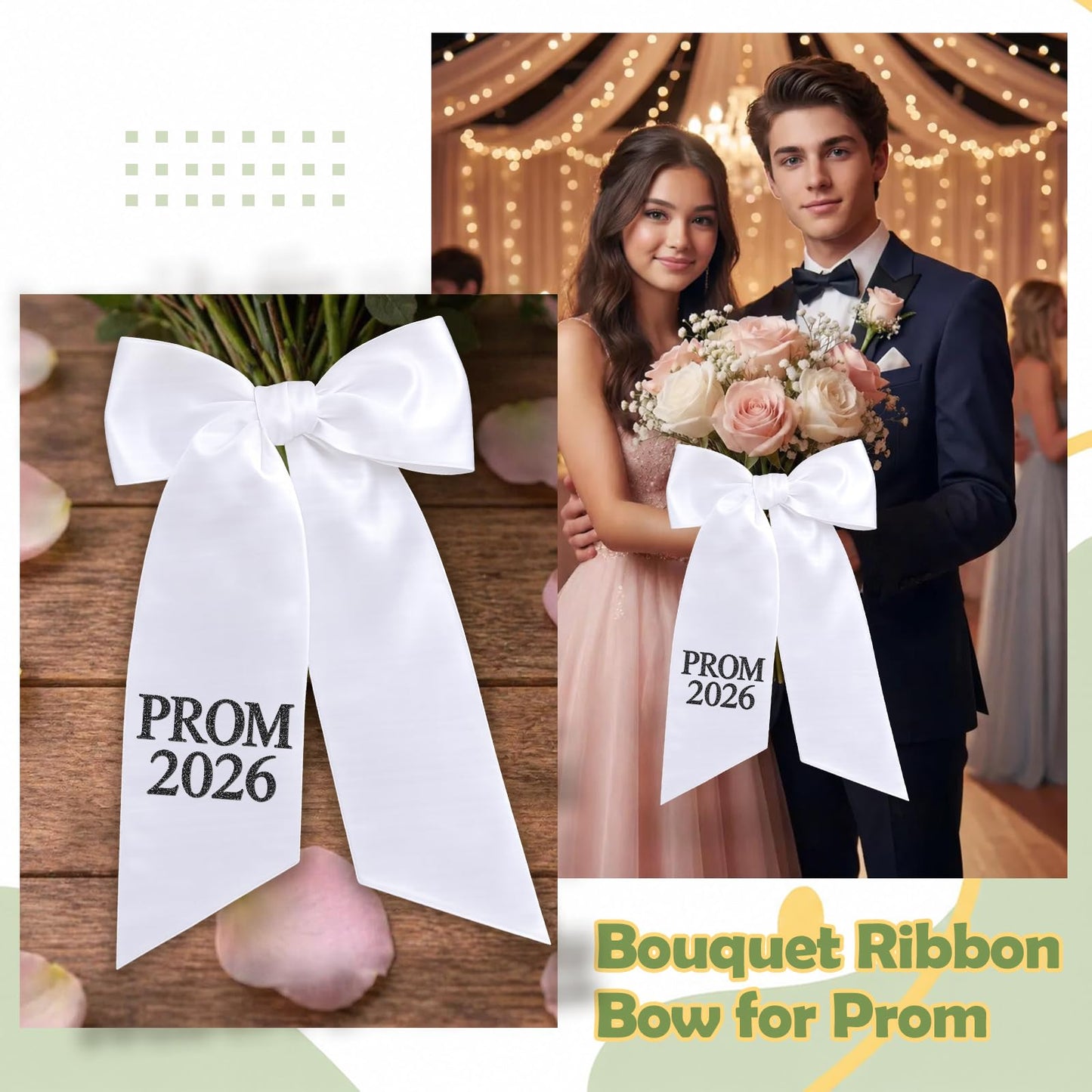 2 Pieces Prom Bouquet Sash Bouquet Ribbon 4 x 52 Inch Satin Plain White Flower Bouquet Sash with Letters for Prom 2026 Graduation Party Supplies (Black)