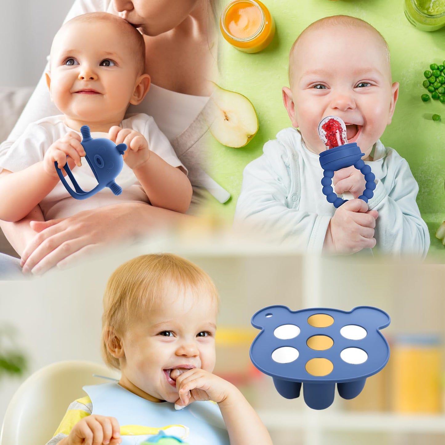 Gedebey 3-in-1 Baby Food & Fruit Feeder Set – Breastmilk Popsicle Mold with Freezer Tray, Teething Relief Toy, BPA Free Infant Silicone Feeding Combo, 3 Bonus Sizes (S/M/L) Sacs (Steel Blue)