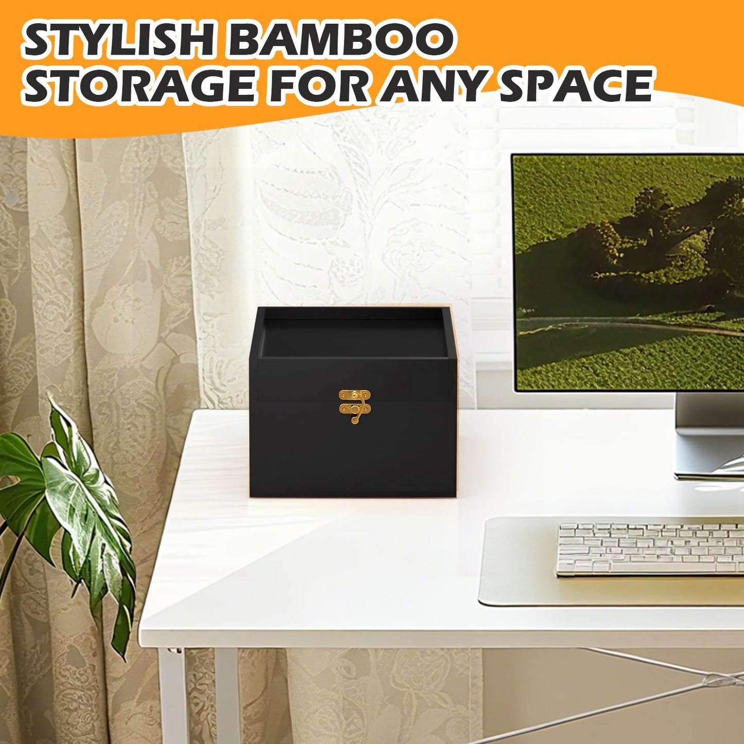 promitop Bamboo Storage Box with Lid β Wooden Organizer with 4 Compartments, Sliding Cover & Metal Clasp Lock, Multi-Purpose Rectangular Stash Box, Eco-Friendly Bamboo Box for Home & Office