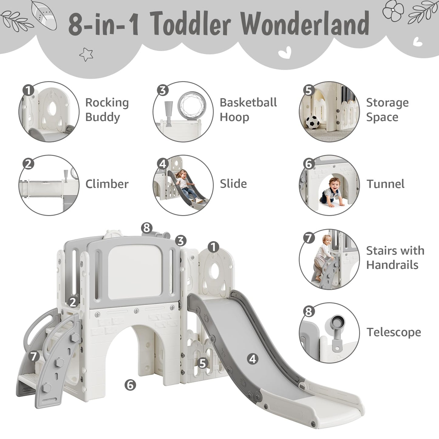 Garvee 8-in-1 Toddler Slide Indoor & Outdoor Playground Playset for Kids-Includes Climber, Basketball Hoop, Telescope, Tunnel, and Storage Space for Backyard & Courtyard Fun