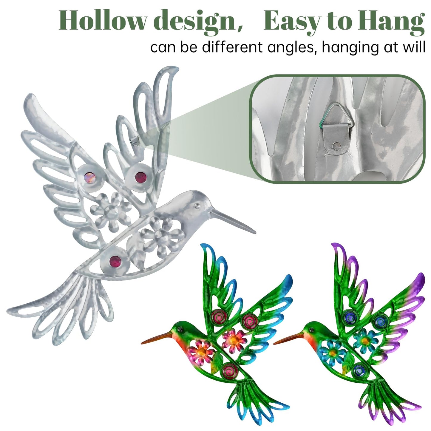 YIWEMON 2 Pack Metal/Glass Hummingbird Wall Decor, 12.4" Outdoor Fence Wall Art Decor, Wall Sculpture Hanging Decoration Perfect for Garden Yard Living Room Bedroom Patio Balcony