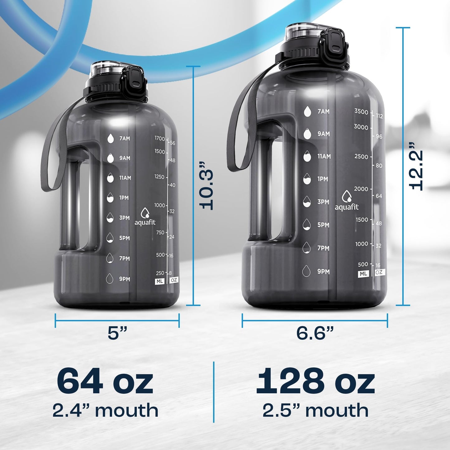 AQUAFIT 1 Gallon Water Bottle with Time Marker - Straw & Chug Lid - BPA Free Gym Water Bottle with Straw - Big Gallon Jug (Gray, 128 oz - 2in1 Lid)