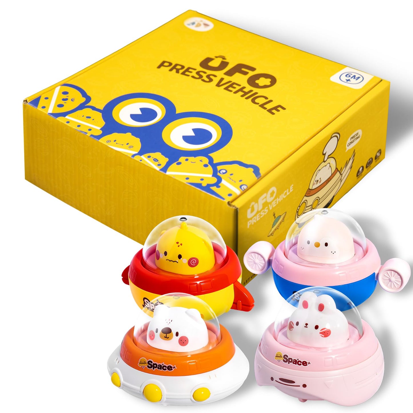 KIDS KING 4PCS Animal Press to Go Car Toys for Toddlers 1-3, Push Go Friction Car Toys for 6-18 Months Baby, Animal Space Racing Cars, Infant Play Vehicle Set, Birthday Gifts for 1 Year Old Girl & Boy