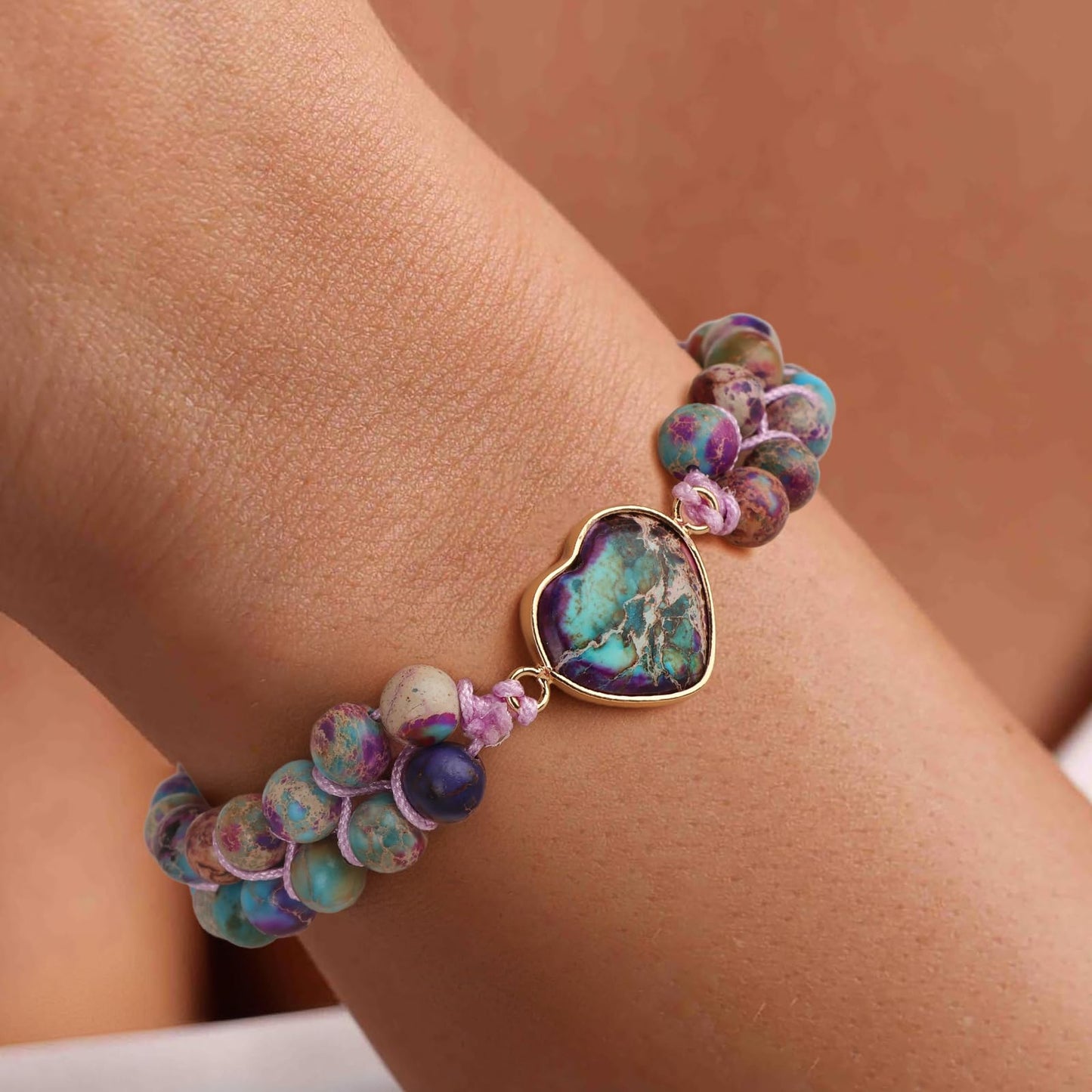 Bolinailo Natural Stone Bracelets for Women Crystal Beaded Bracelets Jasper Heart Adjustable Bracelet Imperial Stone Healing Crystal Jewelry Mothers Day Christmas Graduation Gifts for Women Men