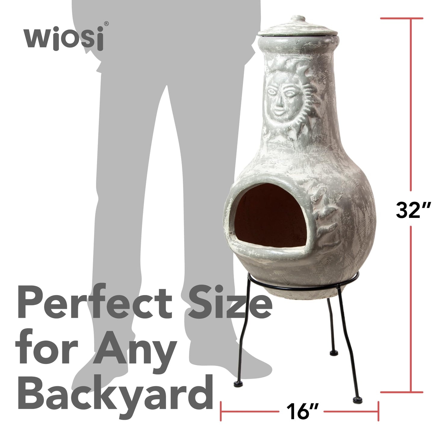 Wiosi Medium Chiminea Outdoor Fireplace Grey Clay Chimineas with Chimney Rain Lids and Solid Metal Stands - Grey Terracotta Chimenea - Rustic Fire Pit Chimnea 16 x 16 x 32-inch