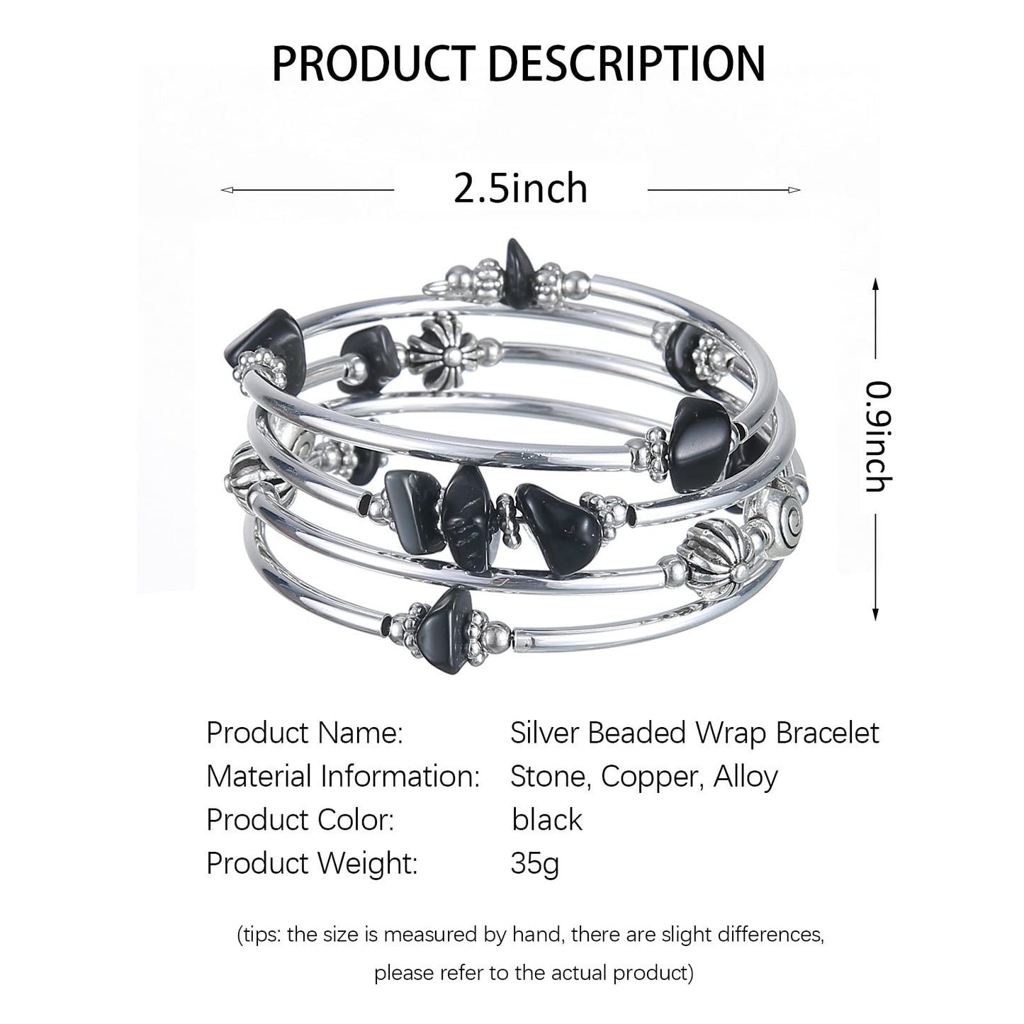 FULU AUTUMN Stone Silver Bangle Wrap Bracelet Boho Turquoise Crystal Chips Bead Bracelets Fashion Jewelry Birthday Gifts for Women(19-Black)