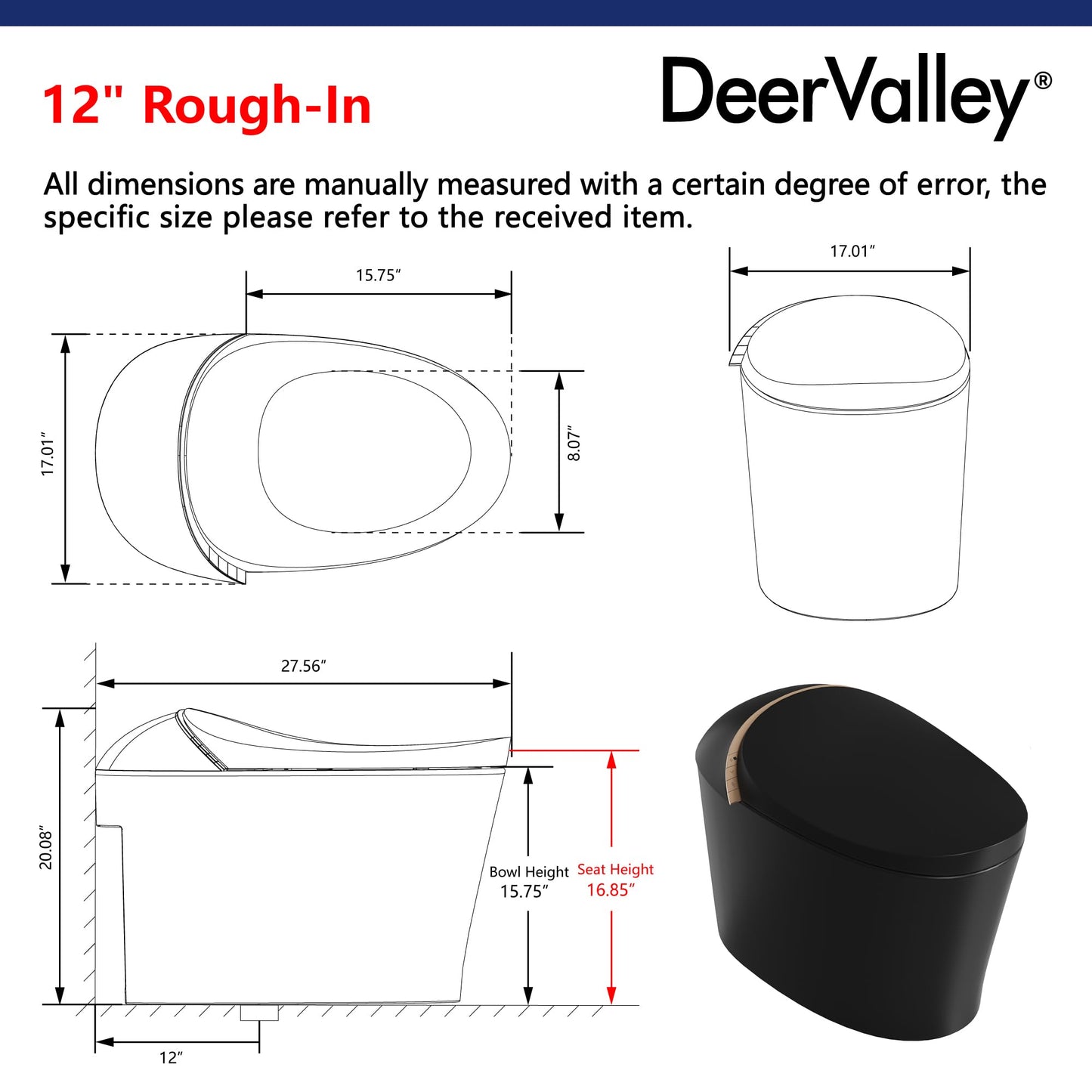 DeerValley Smart Toilet, Tankless Design with Integrated Bidet, Automatic Open/Close Lid, Auto Flush, Heated Seat, Black, Elongated