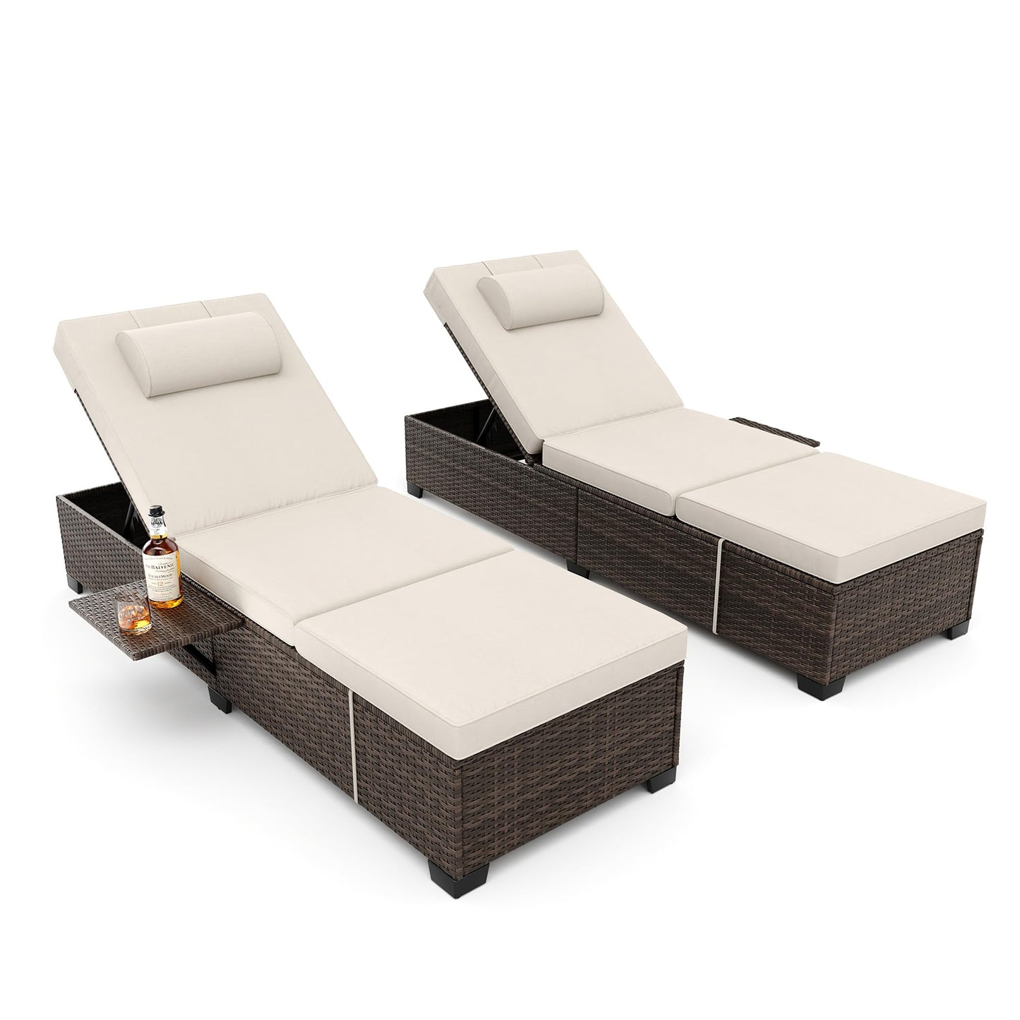 Pool Lounge Chairs Outdoor Set of 2, PE Wicker Rattan Chaise Lounge Chair with 5-Position Adjustable Backrest, 2 Pieces Outdoor Lounge Chair Recliner with Cushions for Patio Beach Deck Backyard, Beige