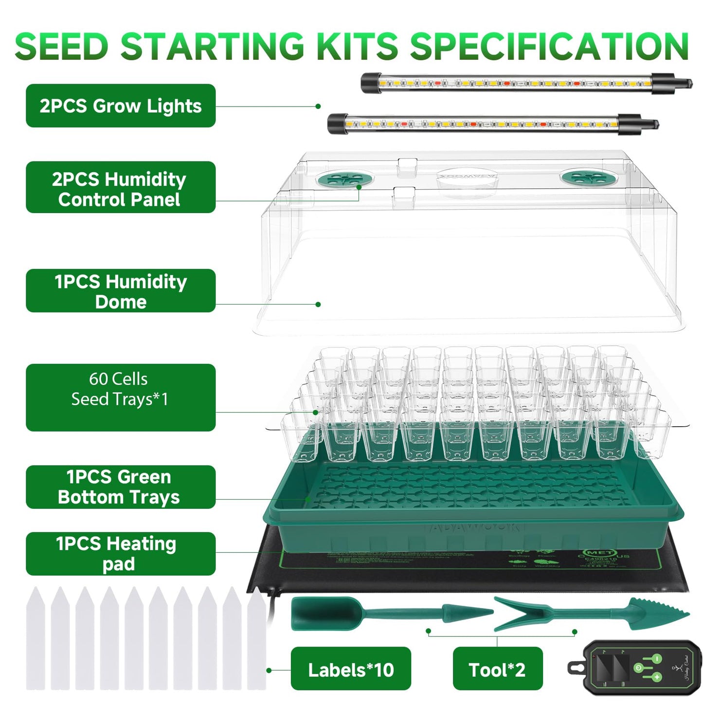 Seed Starter Tray with Grow Light and Thermostat Controller Heat Mat, 10"x 20.75" Heat Mats for Plant Growing,68-113°F Adjustable,Color Change Grow Lights,Germination Trays Kits (Green, 60 Cells)