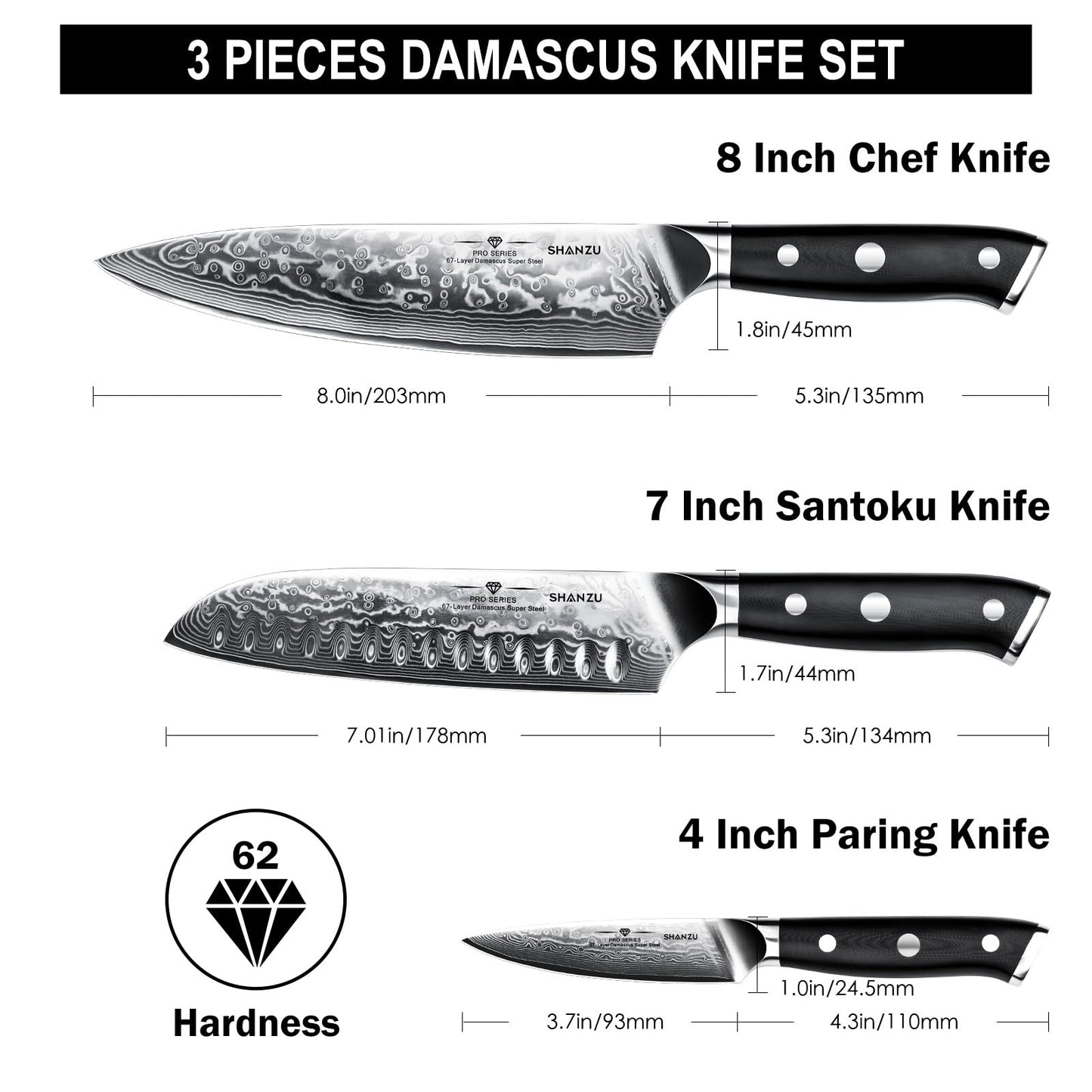 SHAN ZU Damascus Knife Set, Japanese Super Steel 3 PCS Damascus High Carbon Professional Ultra-Sharp Kitchen Chef Knife Set with G10 Handle Gift Box