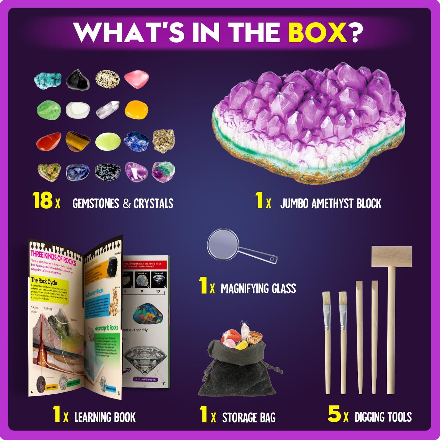 Gemstone Dig Kit - Dig Up 18 Real Gemstones and Crystals - Science Kits for Kids, STEM Toys for Age 6-8, Great Educational Geology Gifts for Boys & Girls Ages 5-7