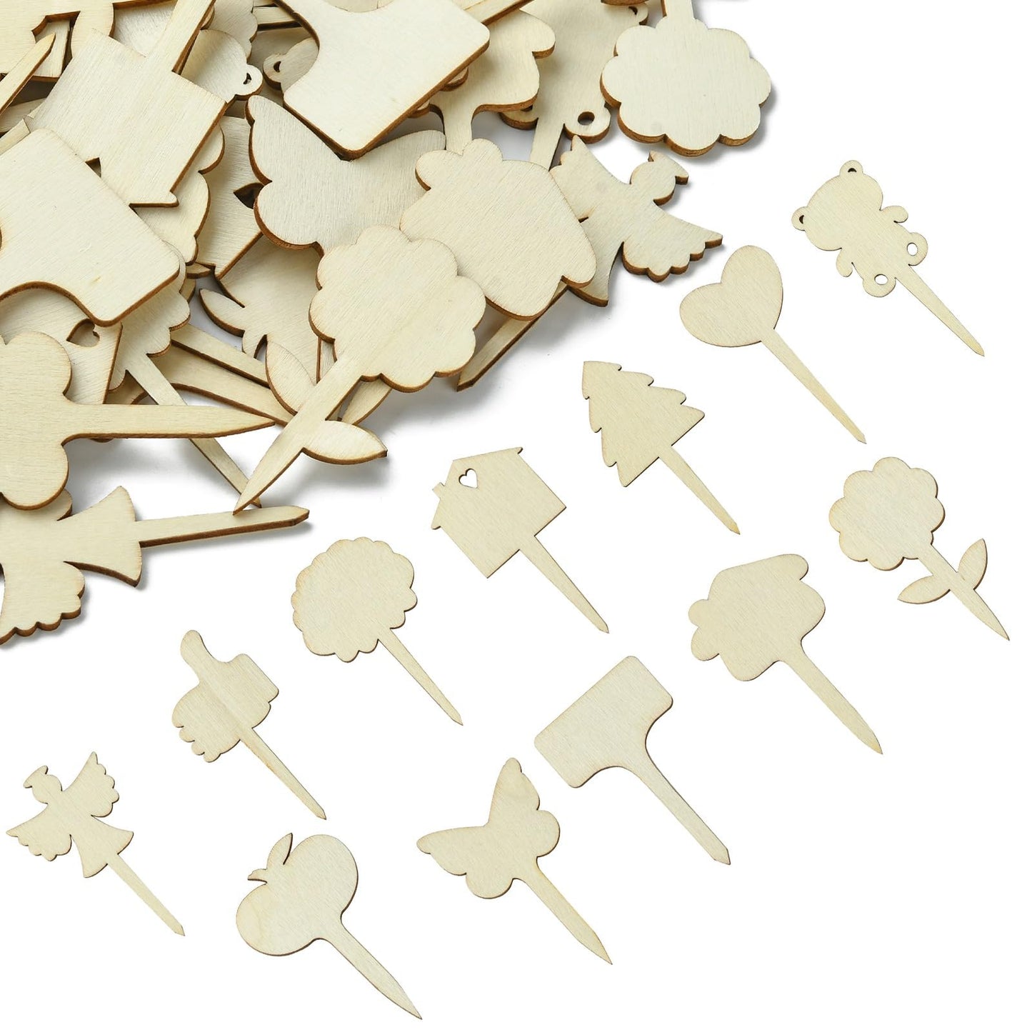 Gythara 60 pcs 12 Styles Forest Theme Unfinished Wood Cutout Charms Butterfly Heart Flower Wood Slice for DIY Painting Art Home Party Craft Decor Embellishments