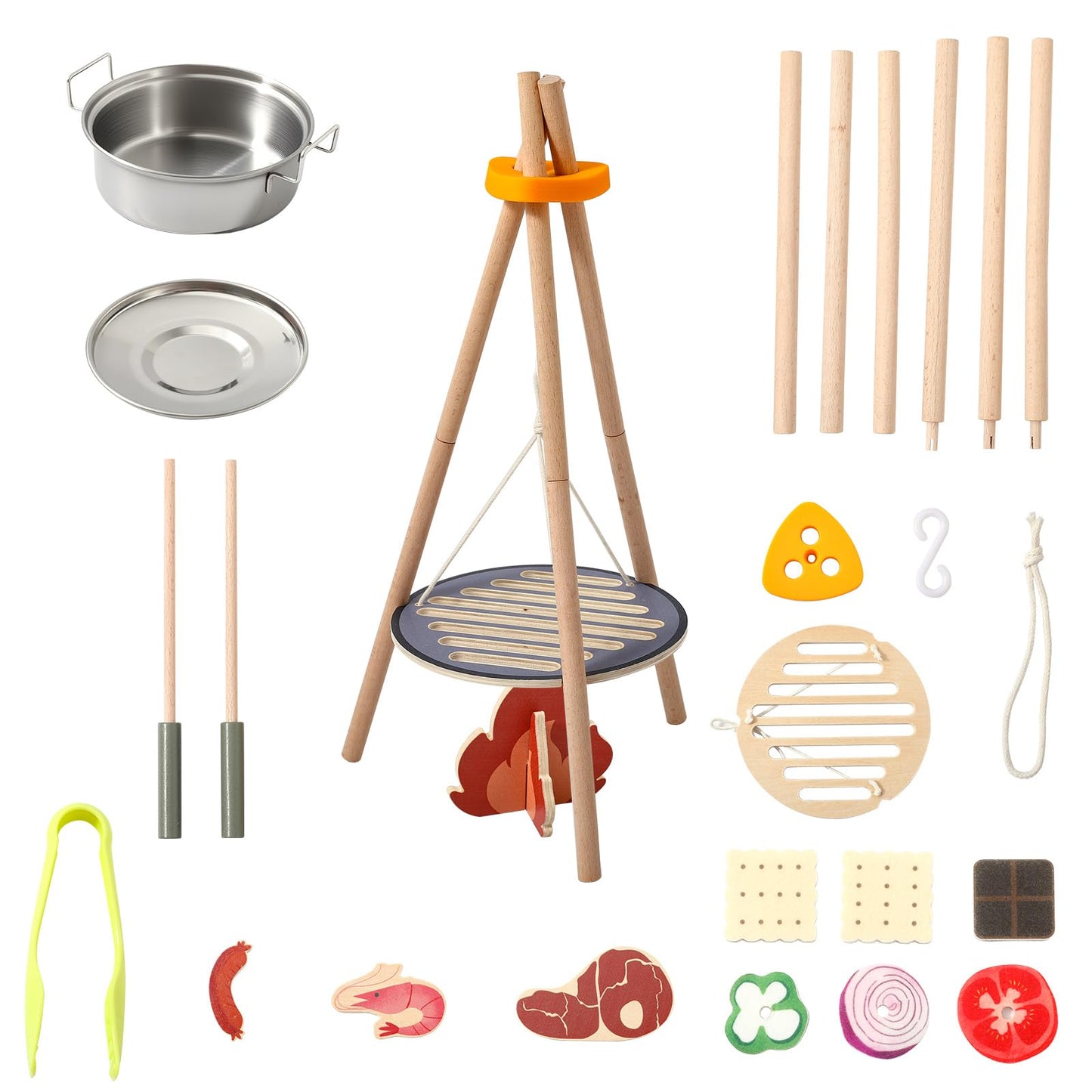 Wooden Kids Camping Toy Set, Campfire Cooking Play Set with Tripod Grill, S’Mores & Kebab Skewers, Montessori Pretend Camping Kitchen Gift for Toddlers Ages 3–6
