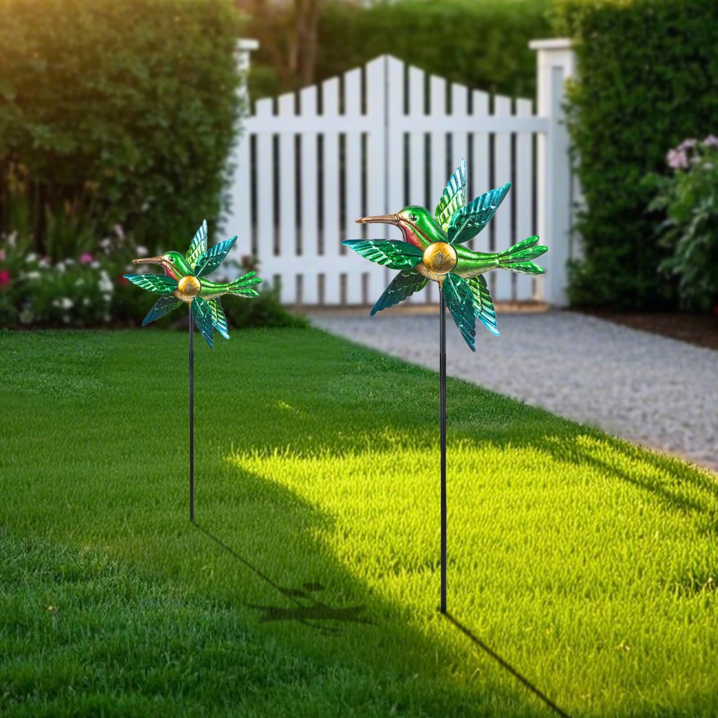 WONDER GARDEN Wind Spinners Outdoor - 2 Pack Small Metal Hummingbird Green Wind Spinner Windmill, Wind Sculpture for Yard Patio Lawn Decor