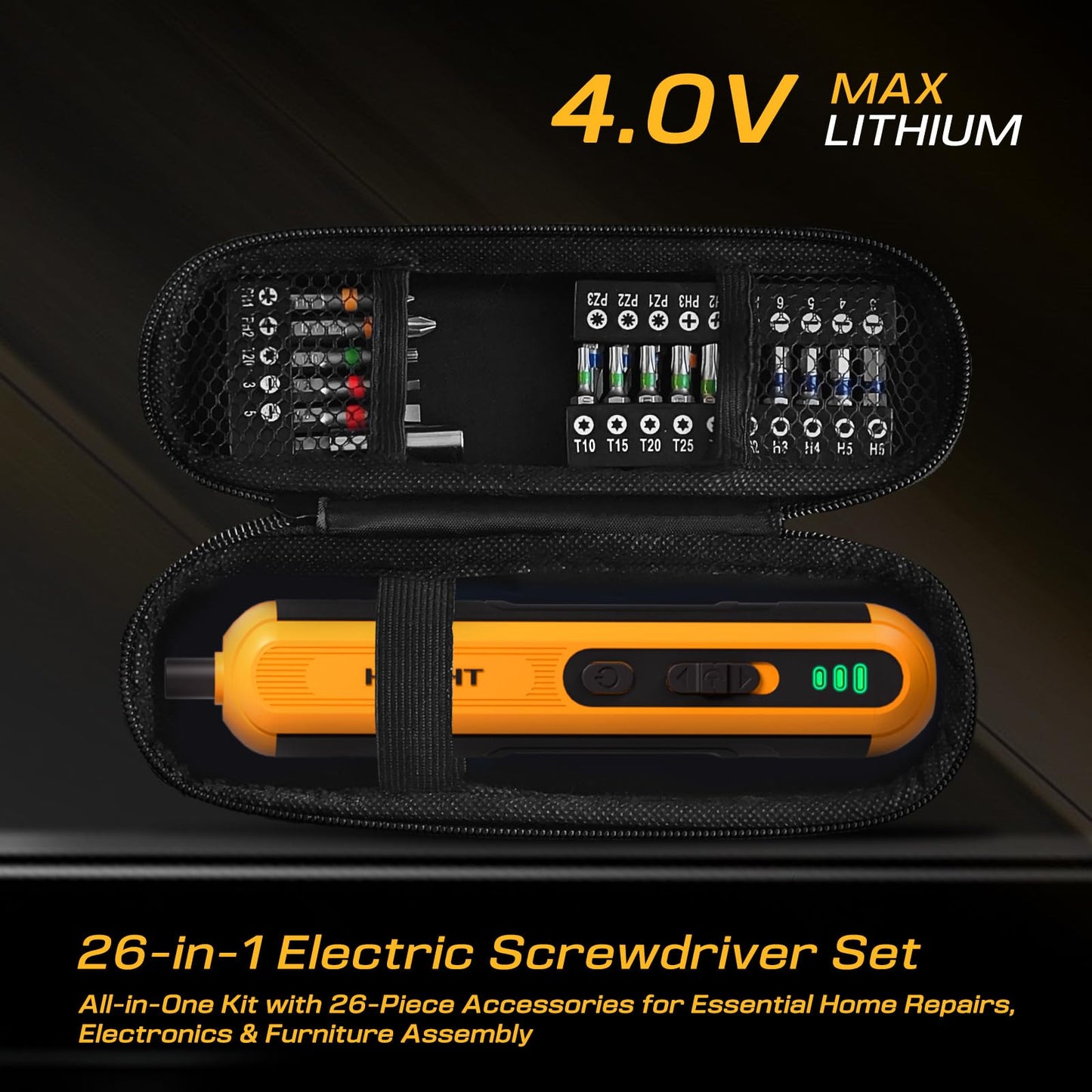 Precision Electric Screwdriver Set, 4V Cordless Mini Power Screwdriver with Push-to-Start & Button, 26 S2 Steel Bits, USB-C Rechargeable for Electronics, PC Repair & Furniture Assembly