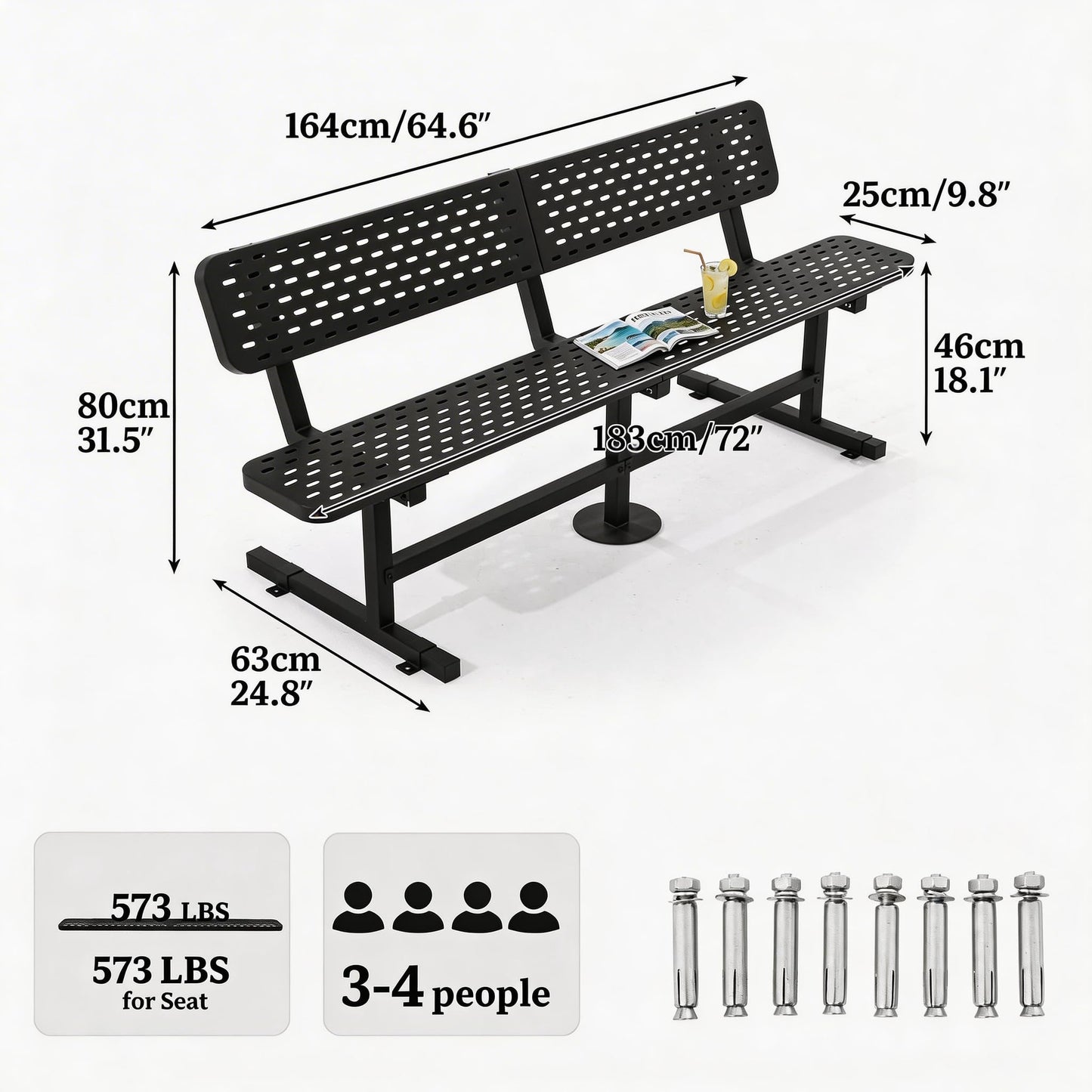 DWVO Heavy Duty Park Bench for Outside 6ft Metal with Backrest Weatherproof Coated Steel Commercial Grade Furniture Set Industrial Mesh Design for Garden Patio Public Areas