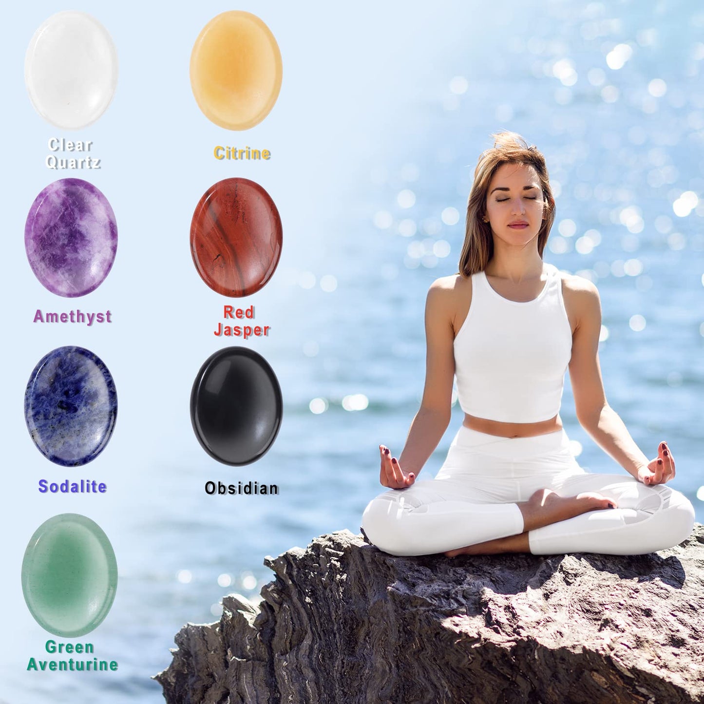 GolbalJew 7PCS Thumb Worry Stones for Anxiety Healing Crystals Sets, 7 Chakra Crystals and Healing Stones, Meditation Crystal Reiki Natural Relax Palm Stone for Anxiety Therapy Relief