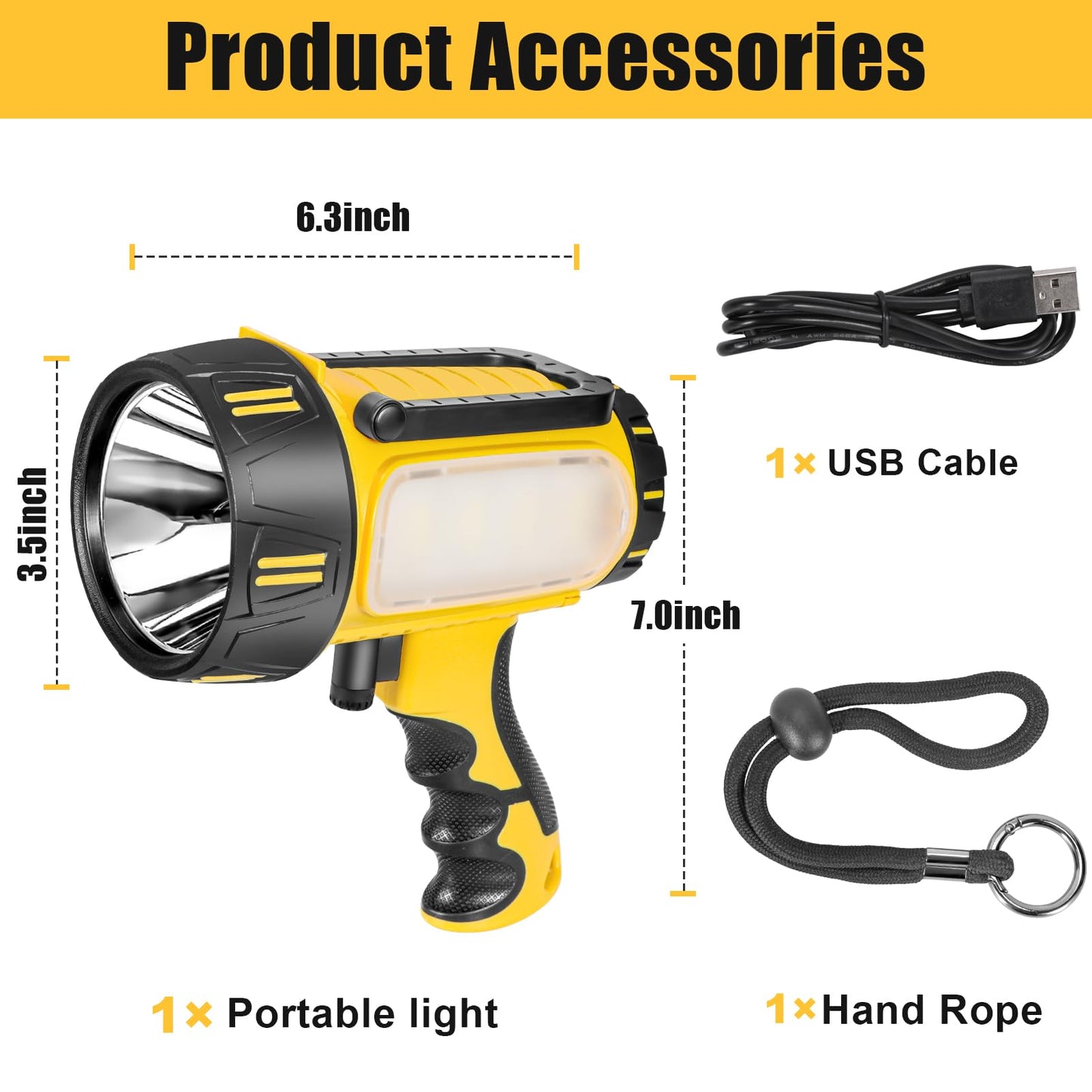 Super Bright Rechargeable Spotlight Flashlight High Lumens 10000mAh, Handheld LED Searchlight with Built-in Stand, 6 Light Modes & USB Output, Water-Resistant for Camping, Emergency & Outdoor Use