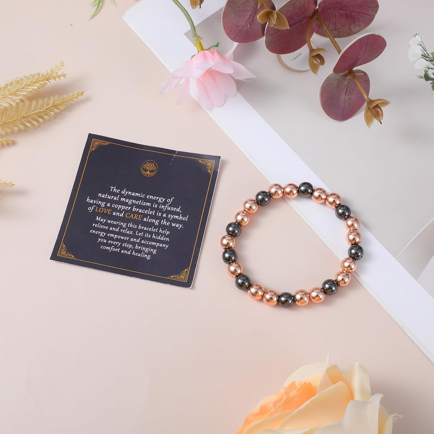 Heclia Copper Bracelet for Women and Men Hematite Beaded Stretch Bracelet with Healing Crystals Adjustable Chakra Balancing Jewelry for Energy Anxiety Relief Gift for Friends Couples Family