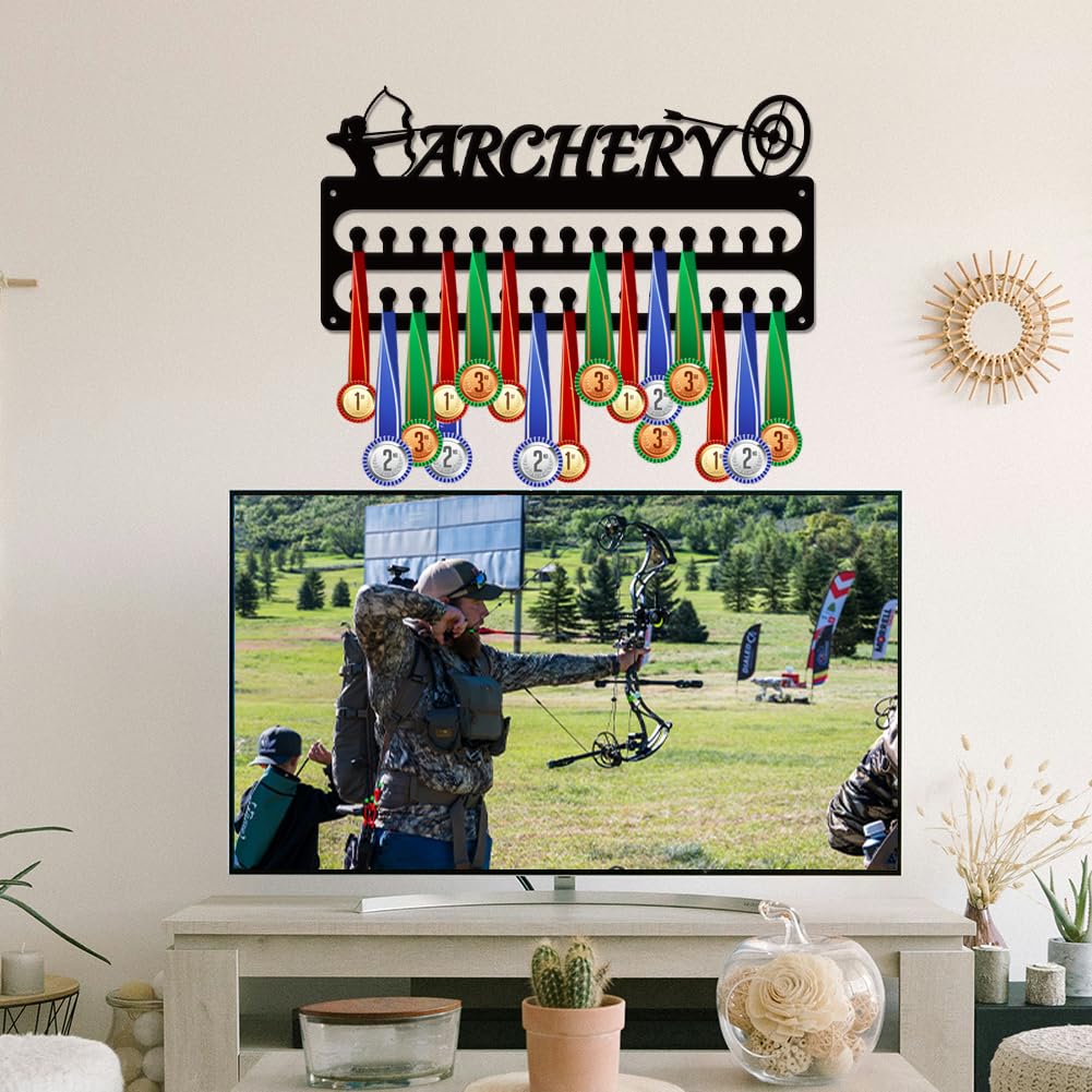 SUPERDANT Archery Medal Hanger Display Sports Medal Holder Wall Mount Archery Medals Hanging 30 Hooks Matte Black Metal Display Rack Iron Race Ribbon Award Organizer Gifts for Athletes 15.7x7.9in