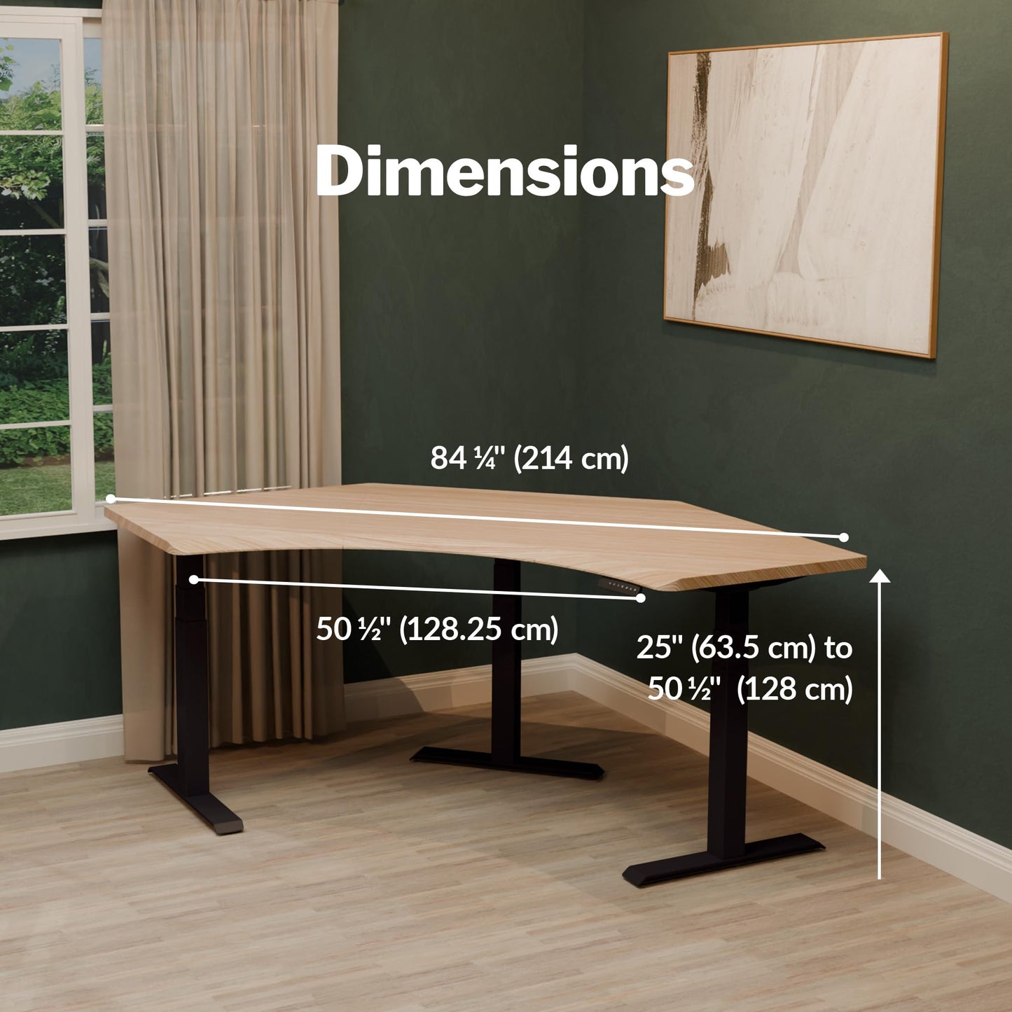 Vari Command Center Electric Standing Desk – 120° Curved Sit-Stand Gaming Desk Corner Workstation for Triple Monitors + Sloped Front Edge, 4 Height Settings, 200 lb Capacity (Light Wood/Black Legs)